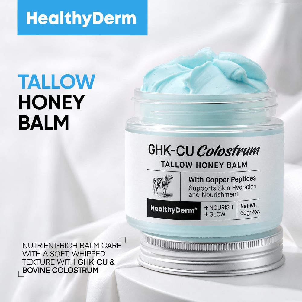HealthyDerm ingredient label showing GHK-Cu, colostrum, and tallow for targeted skin support