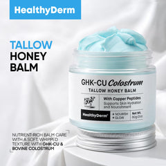 HealthyDerm ingredient label showing GHK-Cu, colostrum, and tallow for targeted skin support