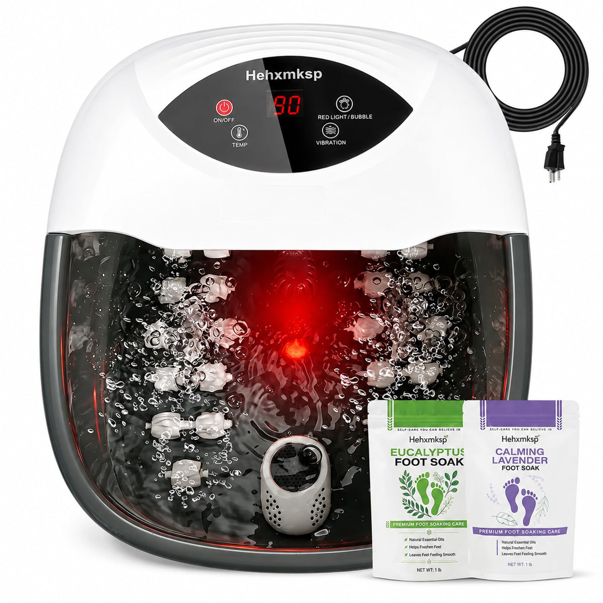 Hehxmksp front view of foot spa showing controls and basin benefits relaxation