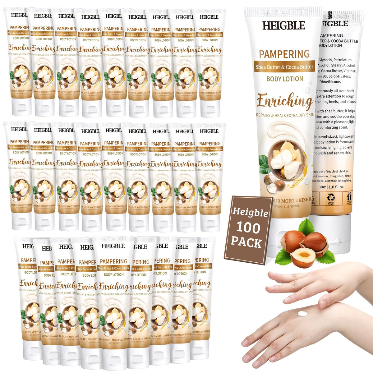 Heigble front packaging showing 100 pack, convenient bulk supply