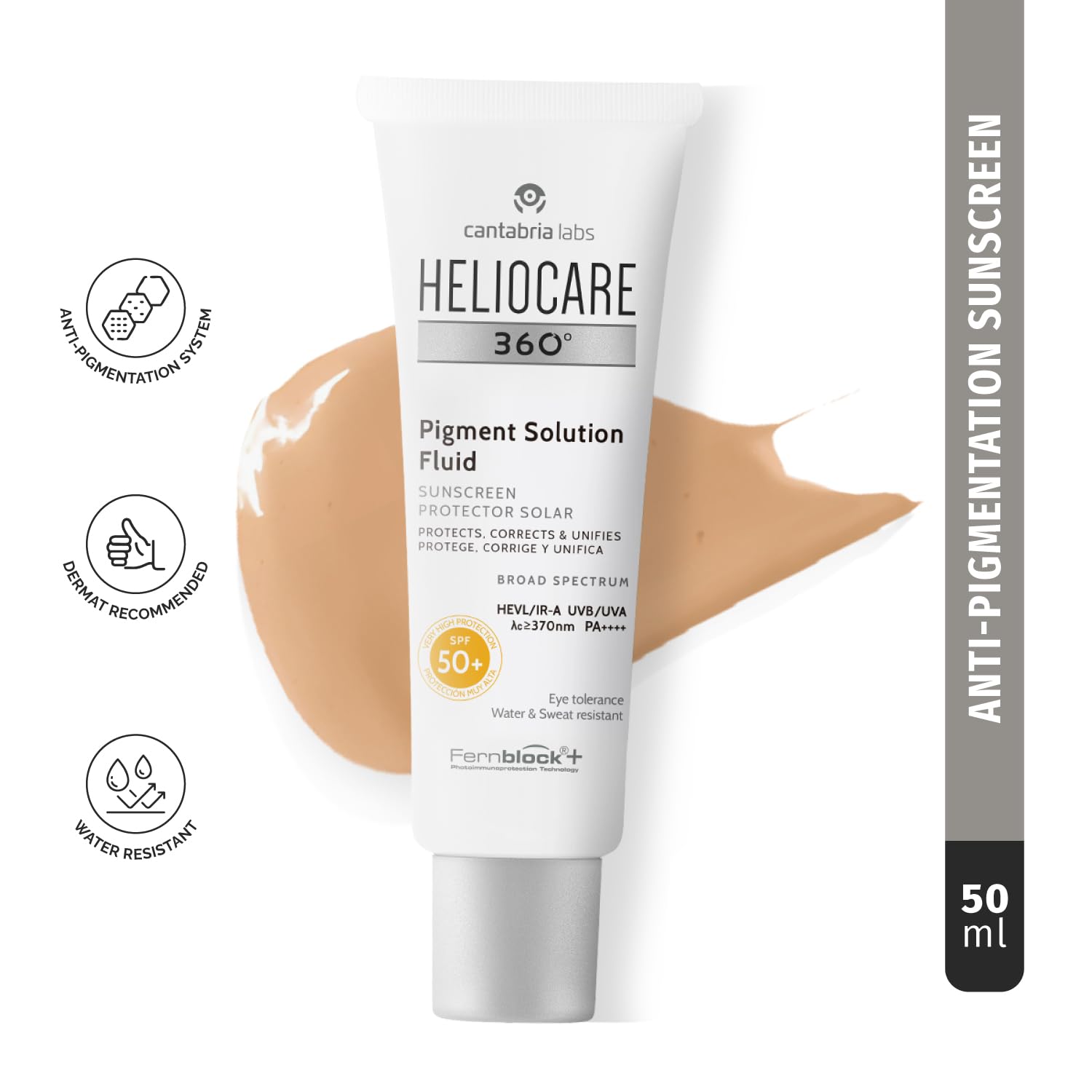 Heliocare fluid texture close-up demonstrating fast-absorbing silky finish