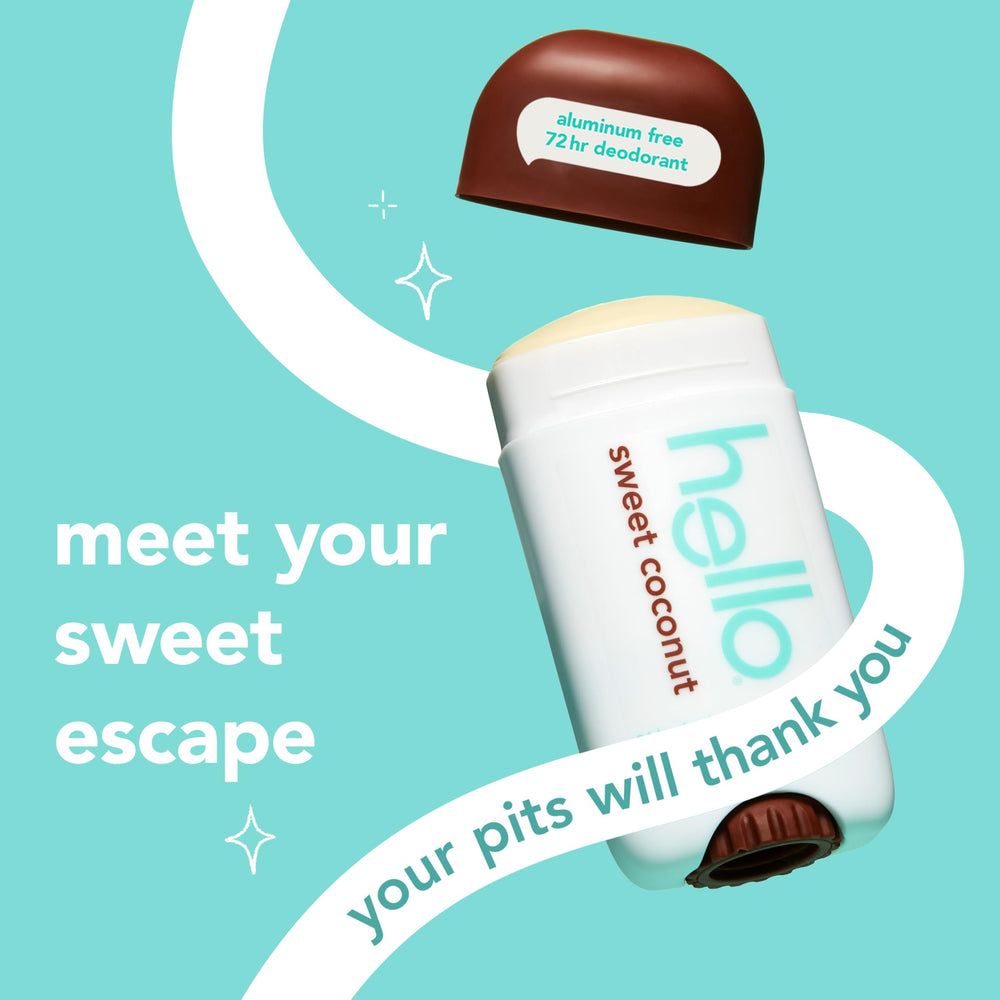 hello Sweet Coconut label close-up highlighting aluminum-free benefits