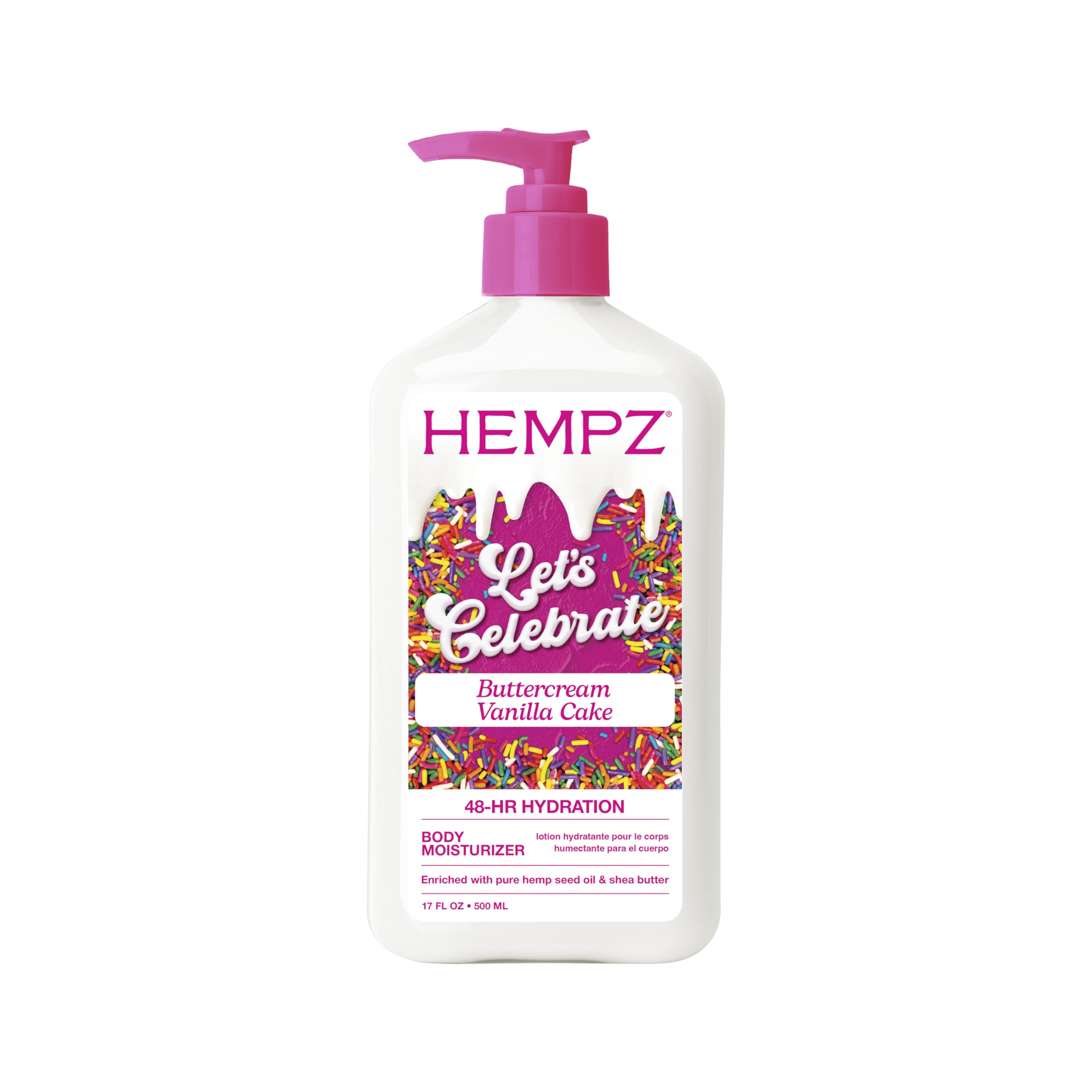 Hempz front label showing buttercream vanilla cake scent and product benefits