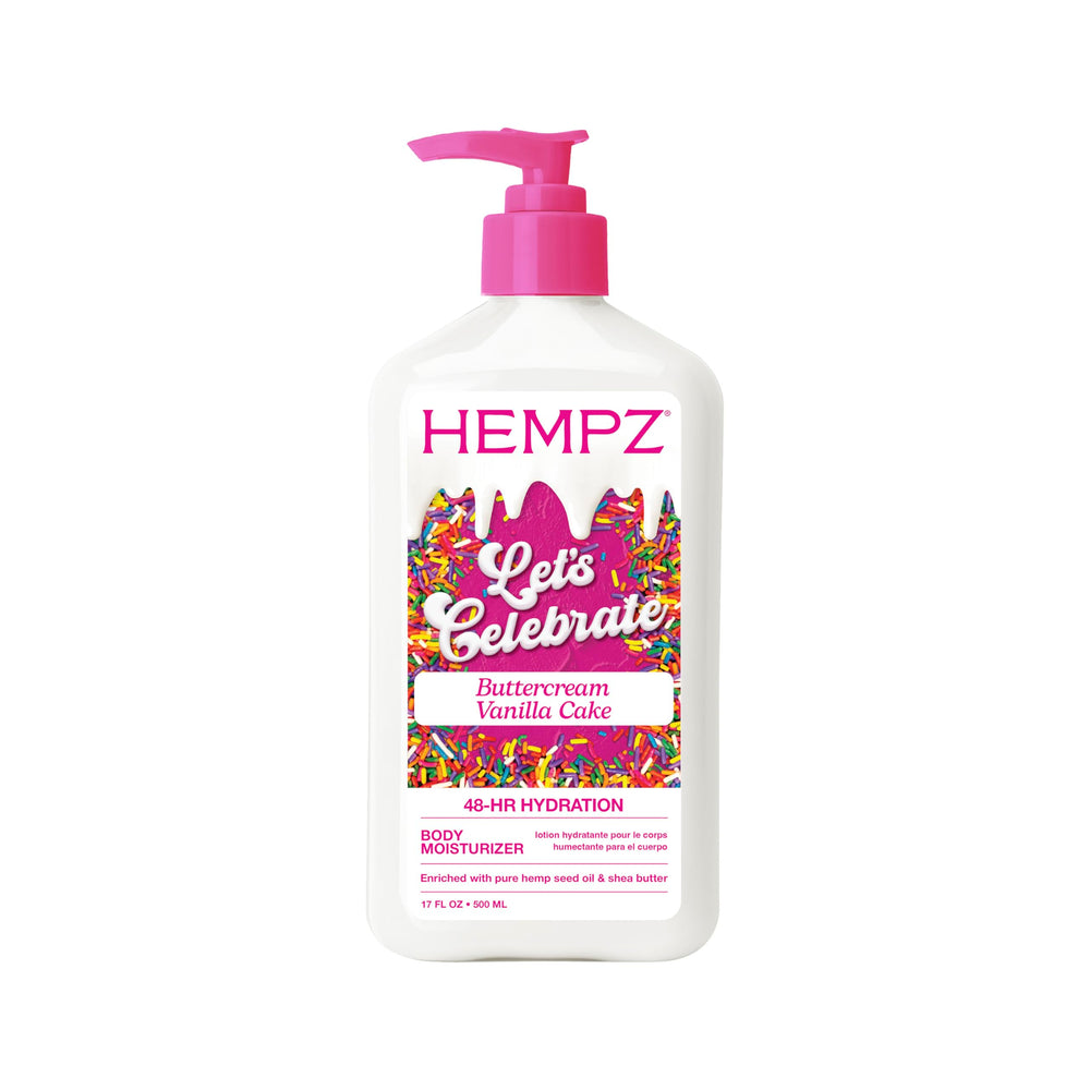Hempz front label showing buttercream vanilla cake scent and product benefits