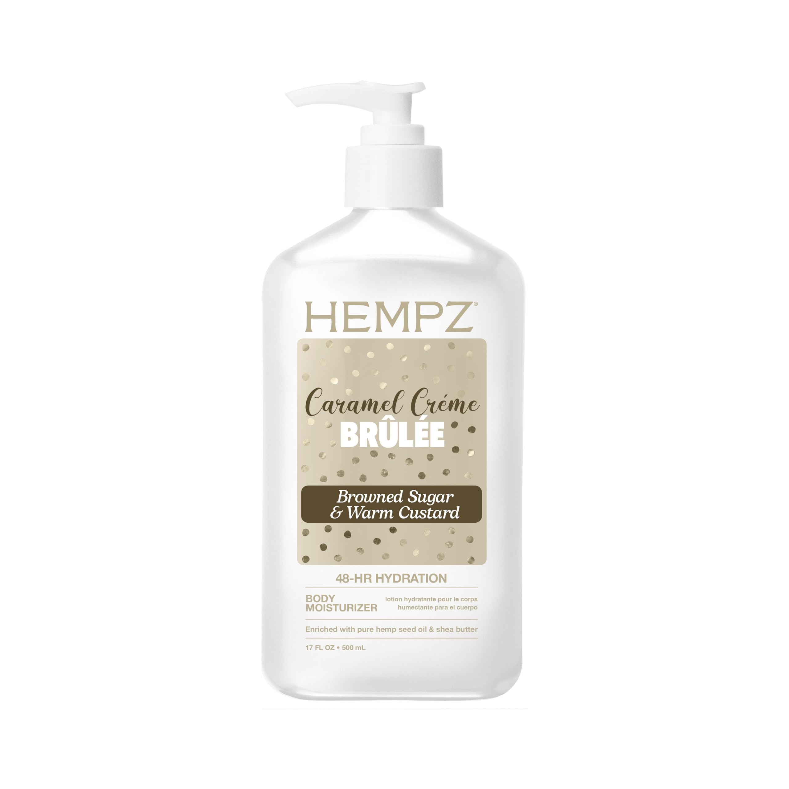 Hempz front bottle view showing label and caramel crème brûlée scent benefit