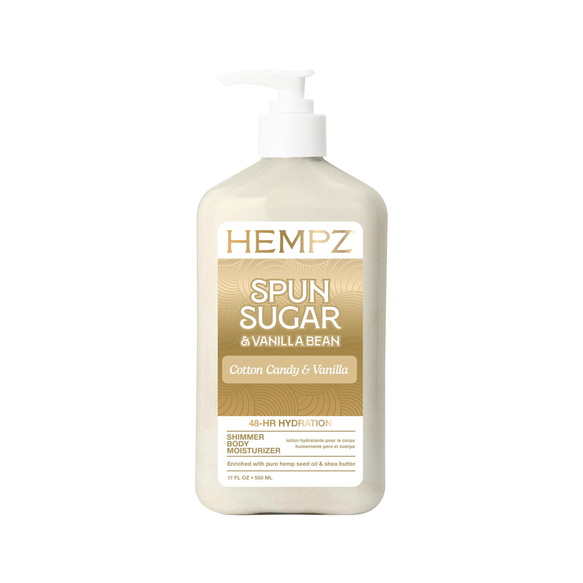 Hempz front packaging shows bottle and cotton candy scent benefit