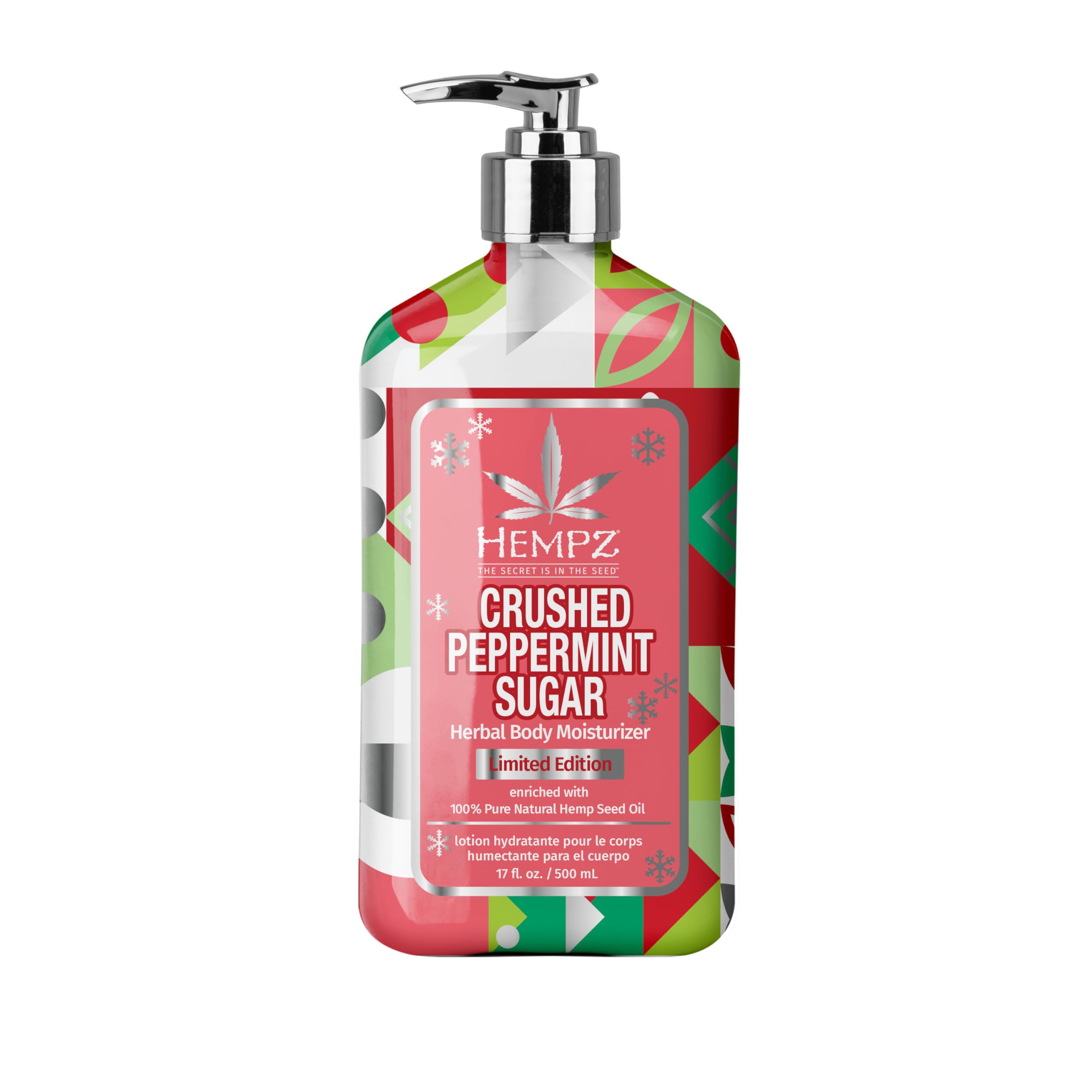 Hempz jar front view showing label and festive peppermint-sugar scent benefit