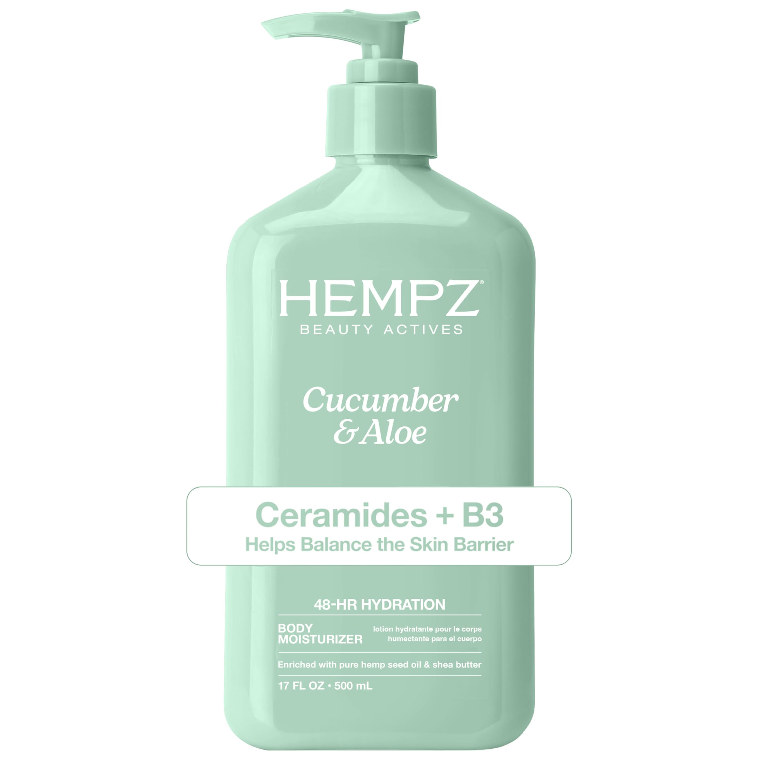 Hempz bottle front view showing label and 17 fl oz size promoting hydration