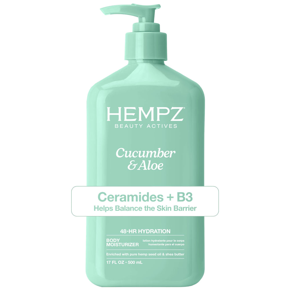 Hempz bottle front view showing label and 17 fl oz size promoting hydration
