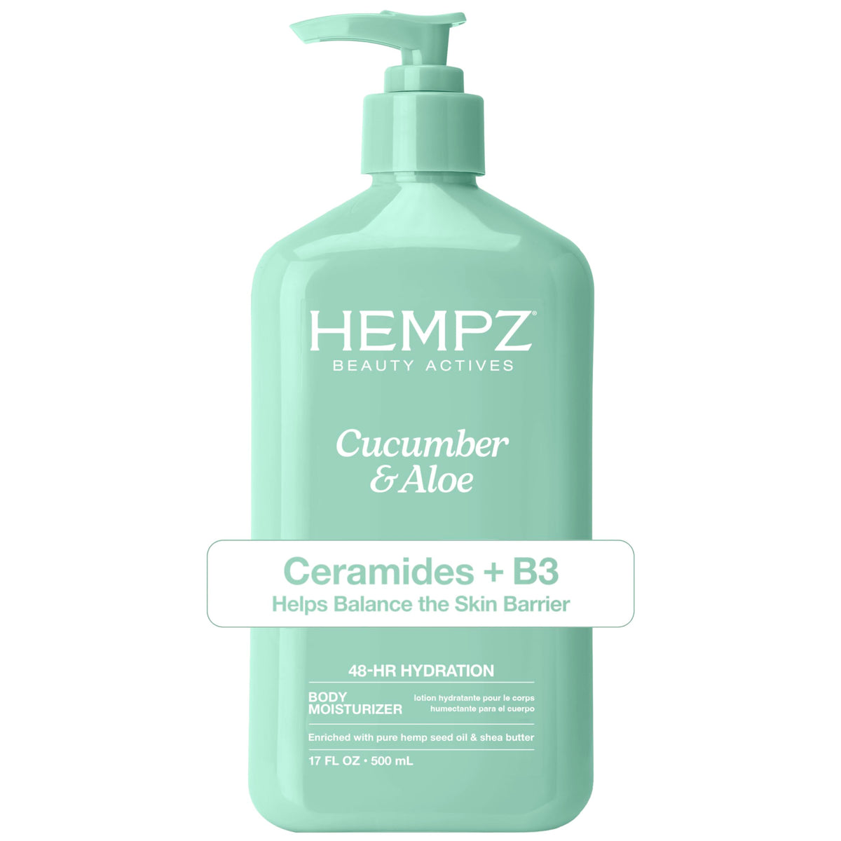 Hempz bottle front view showing label and 17 fl oz size promoting hydration