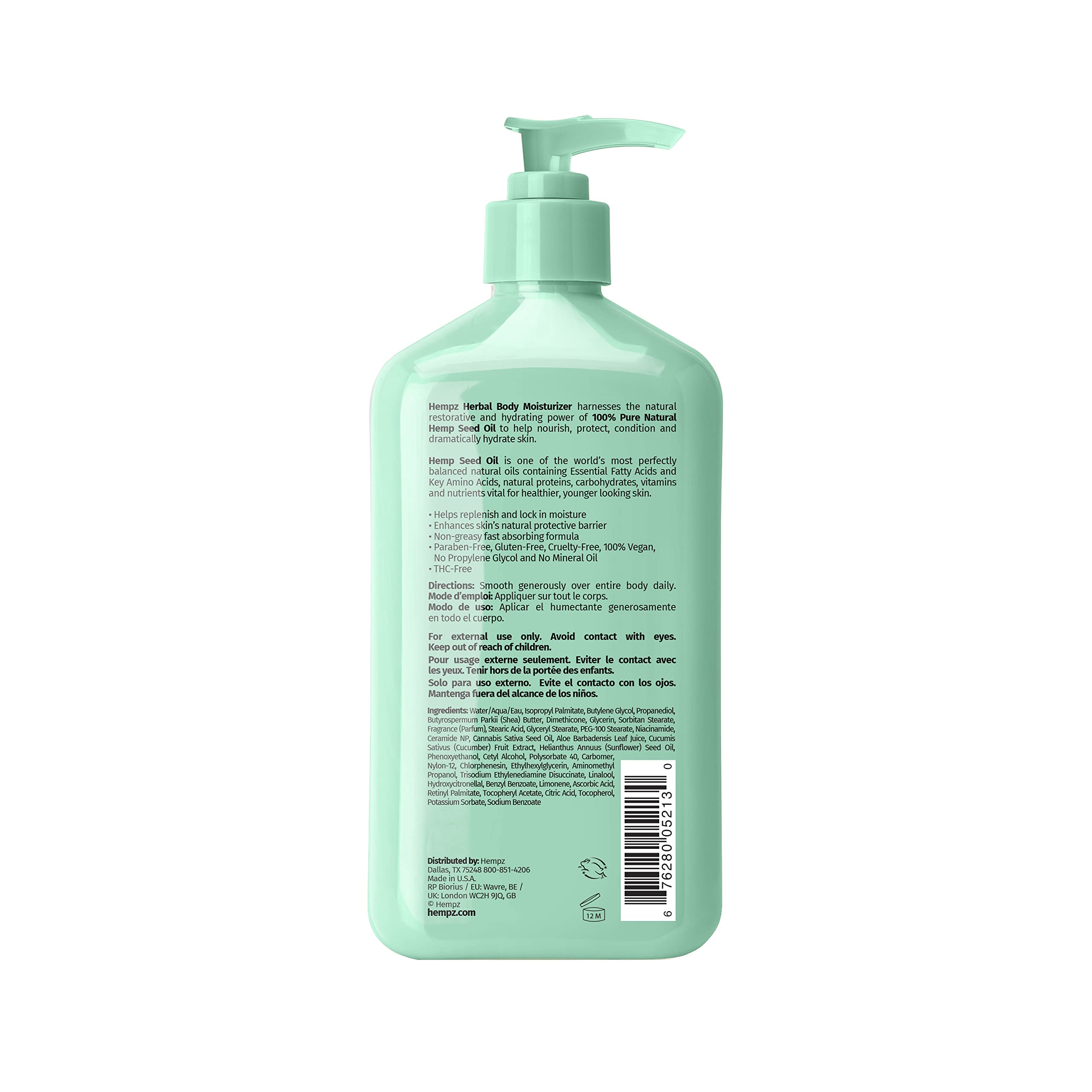 Hempz pump close-up highlighting easy dispensing and spill-free benefit