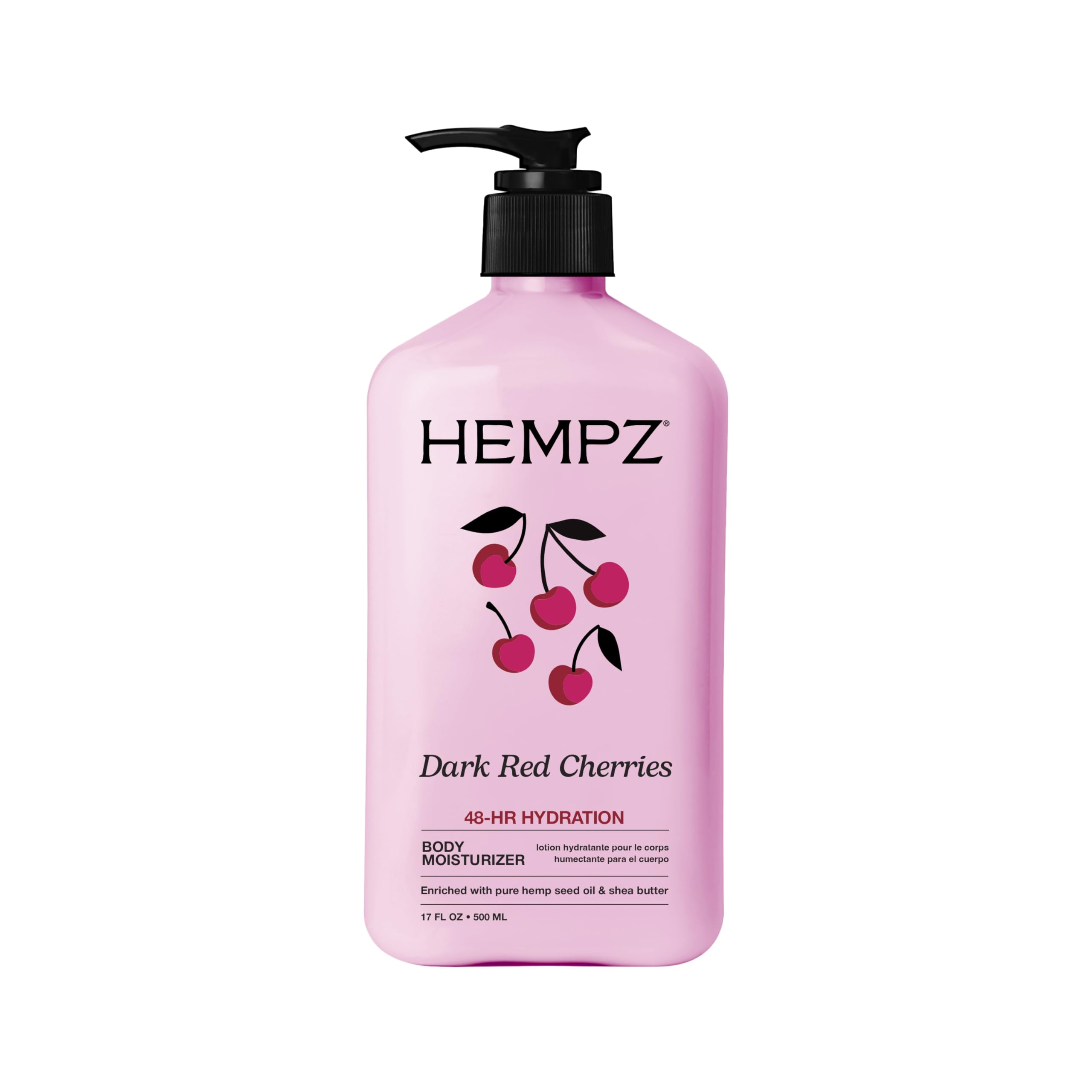 Hempz bottle front view showing label and cherry scent for clear product identification
