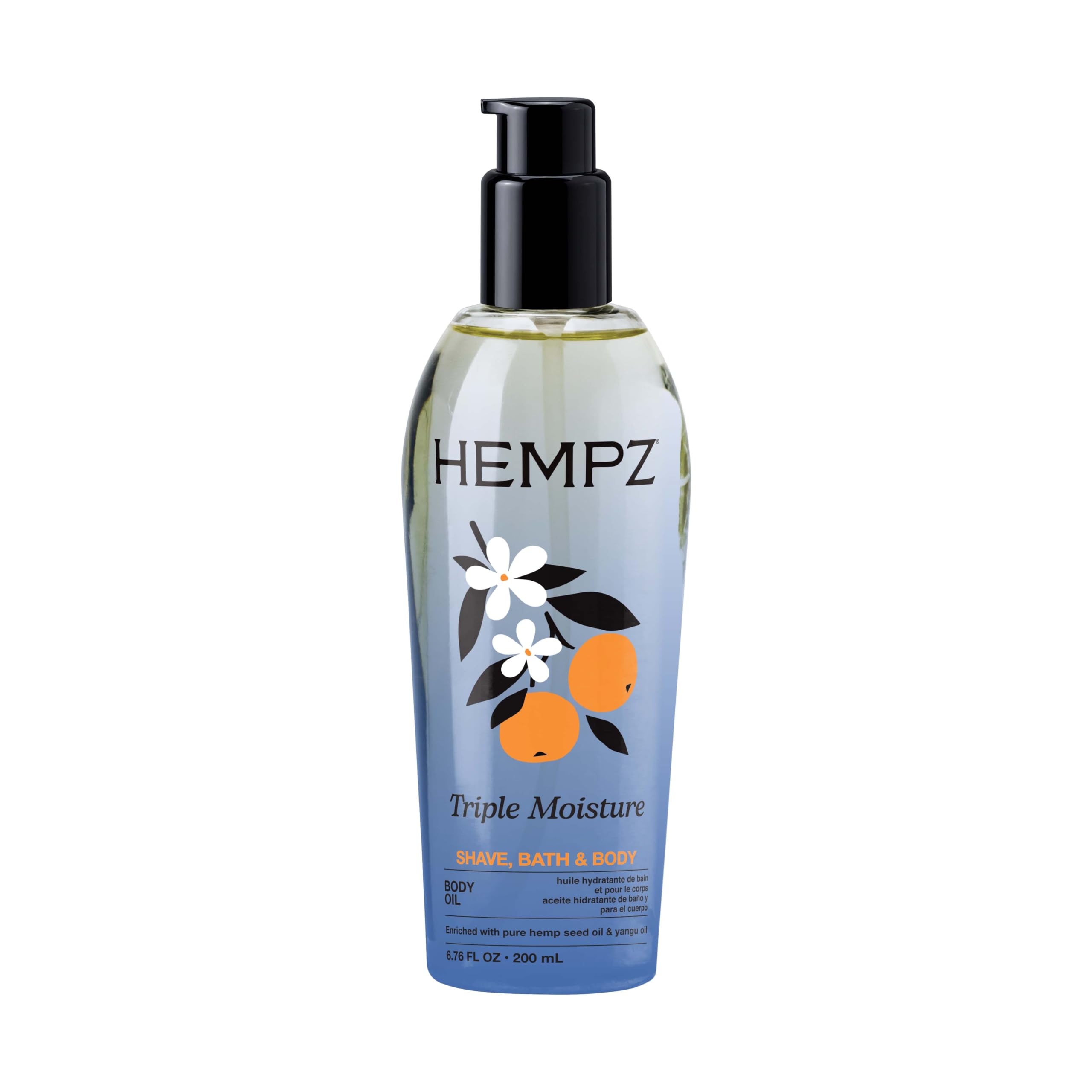 Hempz front bottle of Fresh Citrus hydrating body oil showing packaging and volume