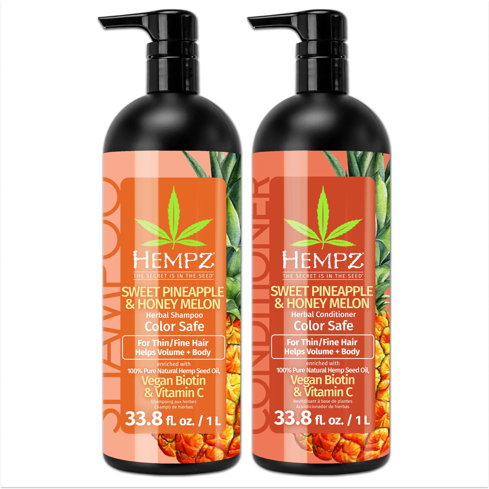 HEMPZ front pump bottles showing Sweet Pineapple & Honey Melon scent and clear benefits