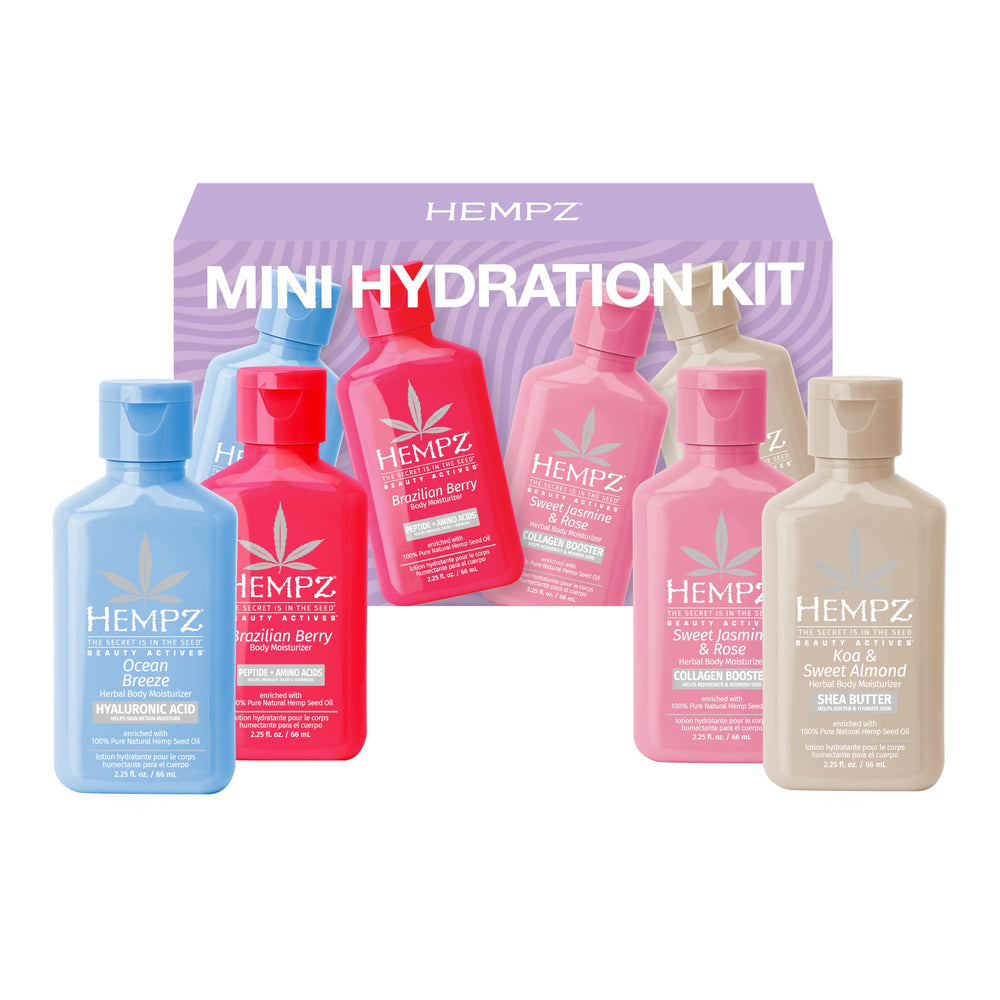 Hempz front packaging showing four mini bottles and variety benefits