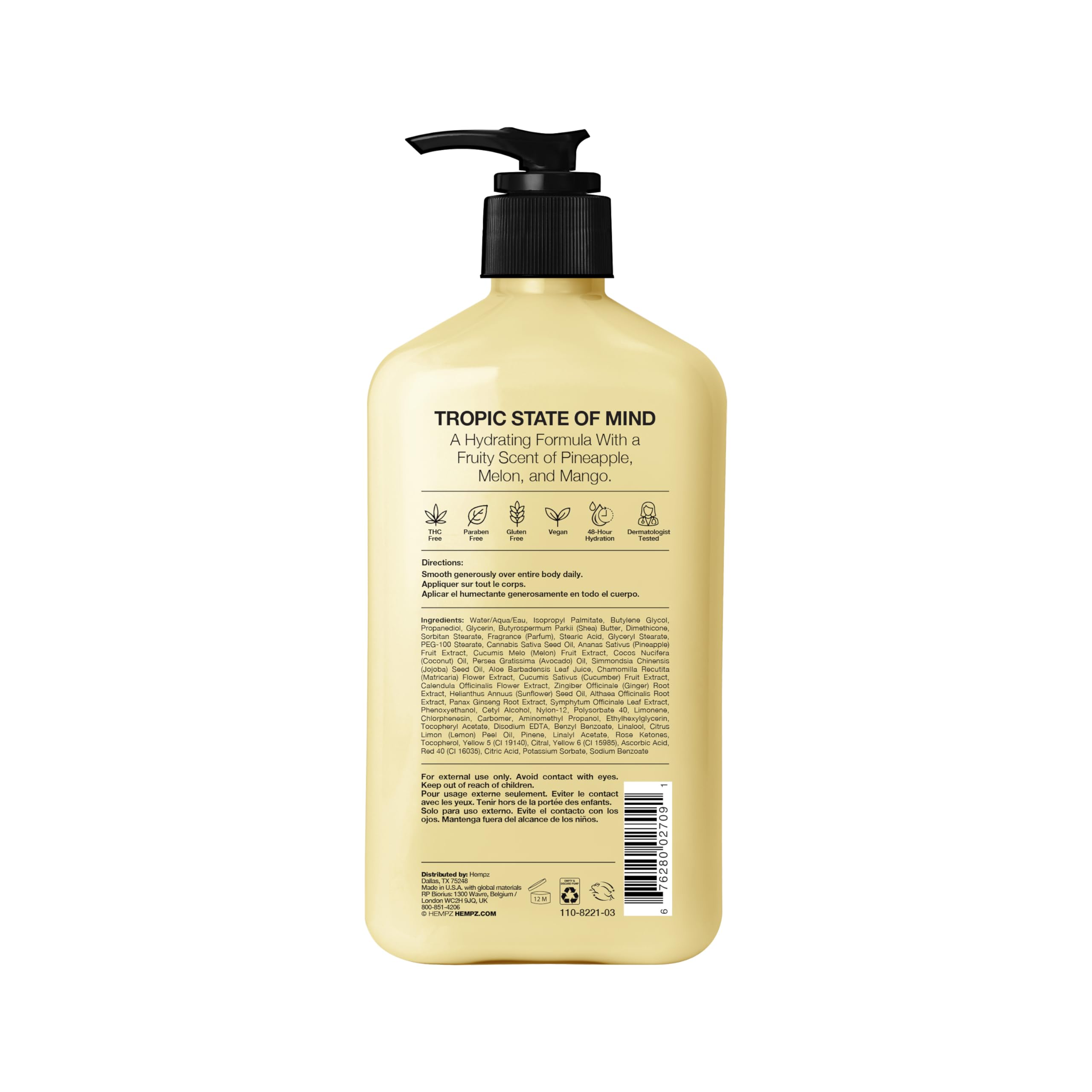 Hempz label close-up highlighting product details and clean formulation