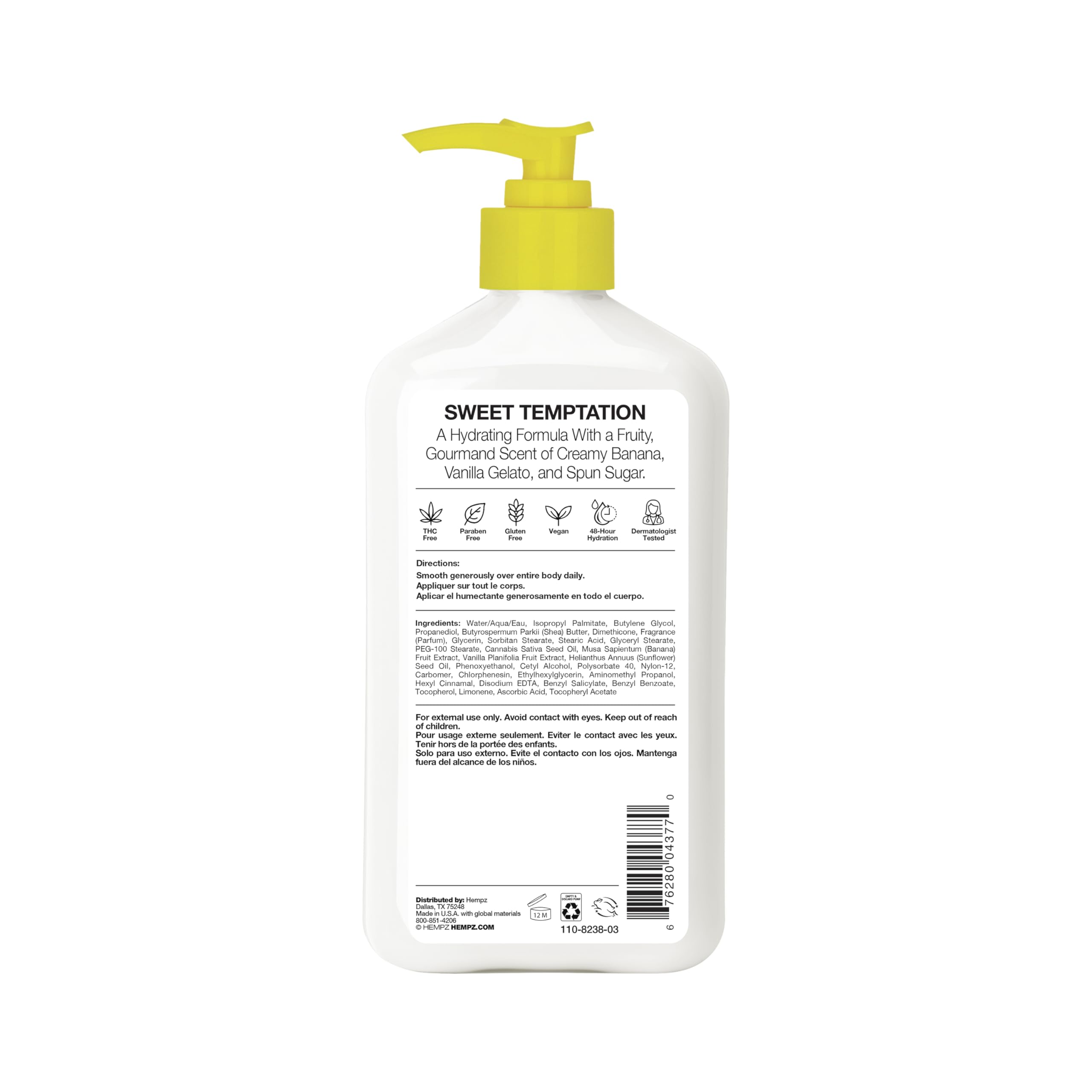 Hempz pump close-up with lotion dispensed highlighting silky, fast-absorbing texture