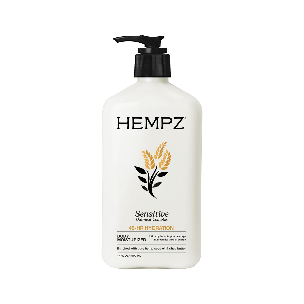 Hempz front packaging showing fragrance-free large bottle and benefits