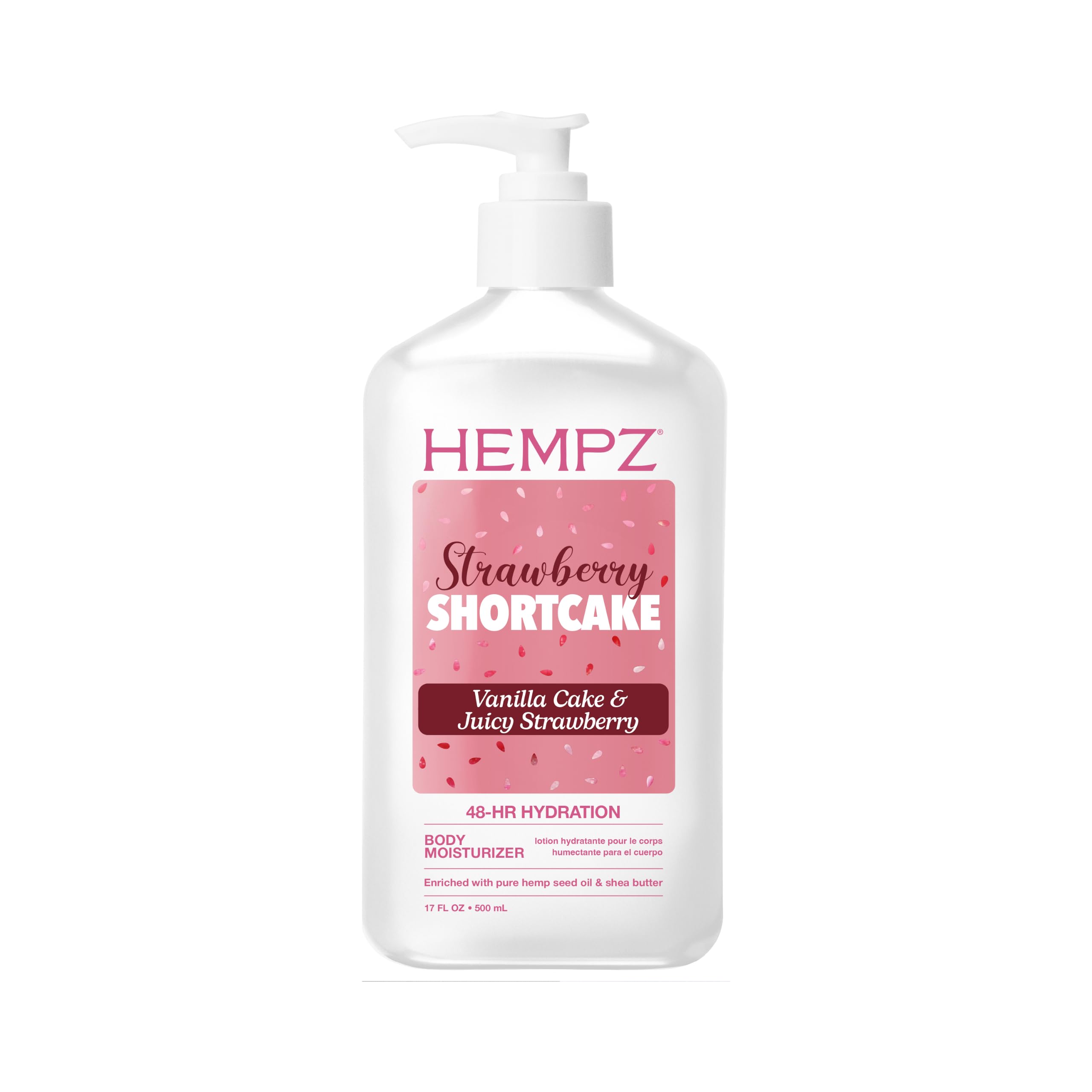 Hempz front packaging showing 17 fl oz bottle and strawberry shortcake scent benefits
