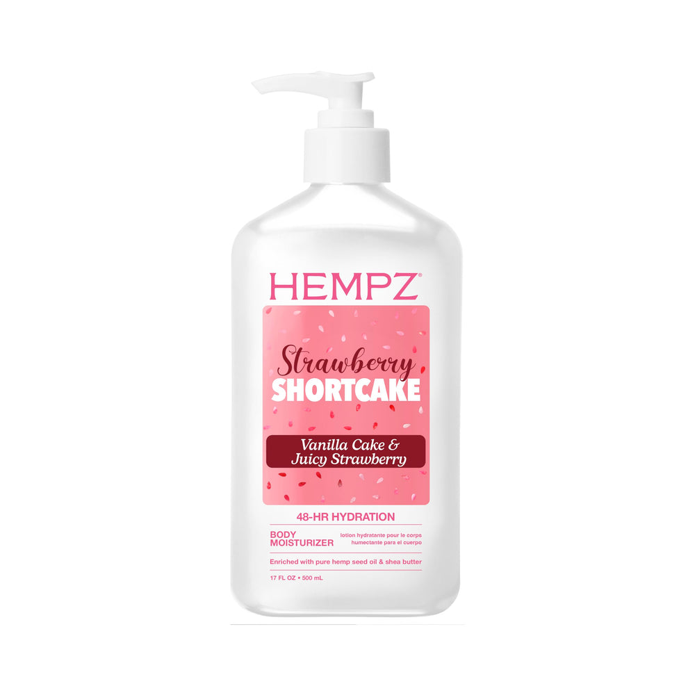 Hempz front packaging showing 17 fl oz bottle and strawberry shortcake scent benefits