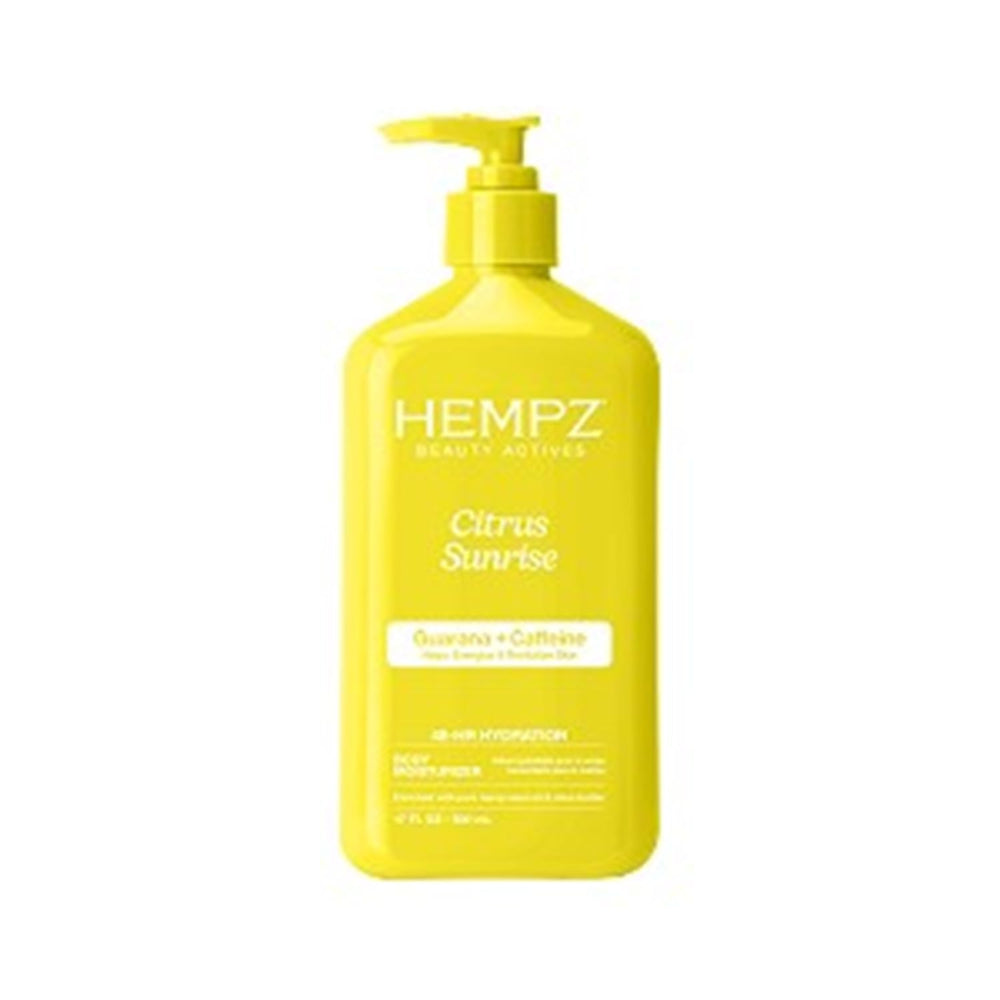 Hempz Sunrise front bottle showing citrus label and energizing hydration benefits