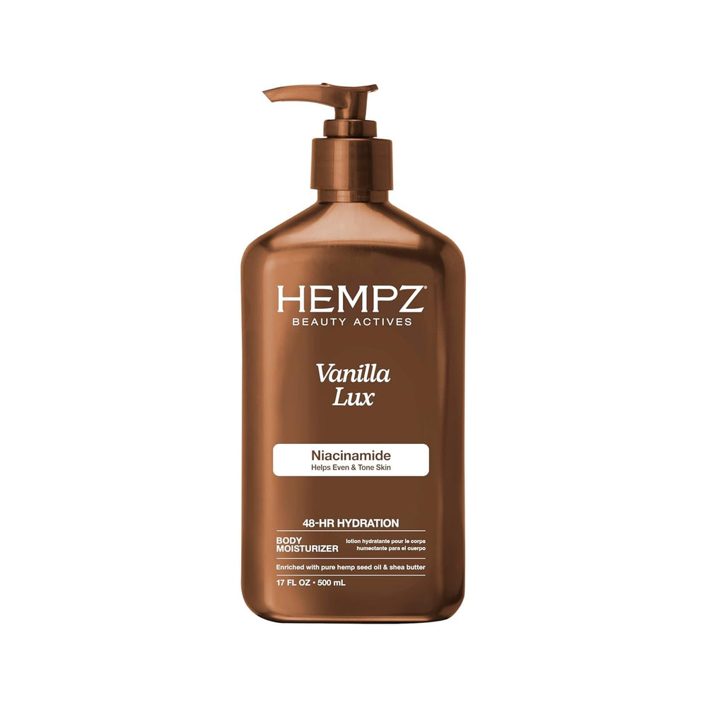 Hempz pump close-up on Vanilla Lux bottle for easy daily dispensing