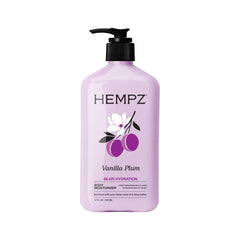 Hempz front packaging showing bottle and inviting vanilla plum scent benefits
