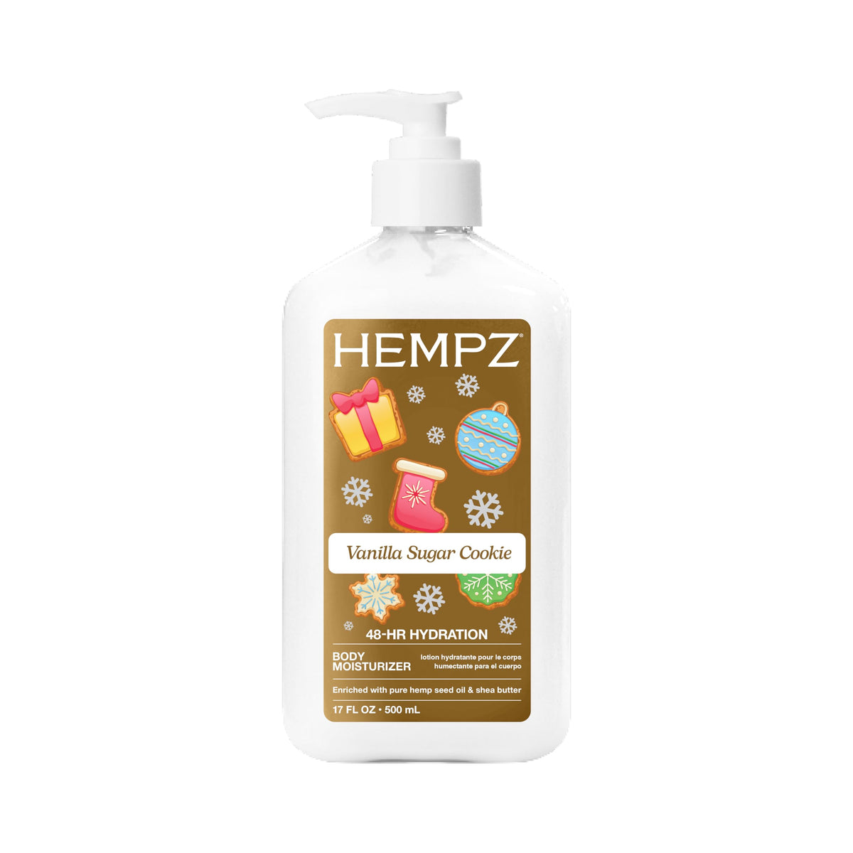 Hempz front bottle view showing label and seasonal vanilla cookie scent benefits
