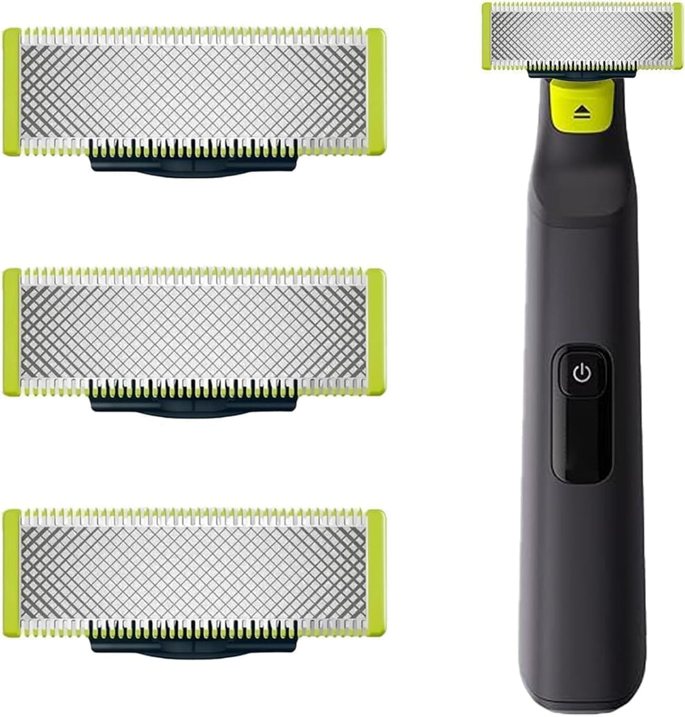 HENEARY front packaging showing three replacement blades for OneBlade, precise grooming benefit
