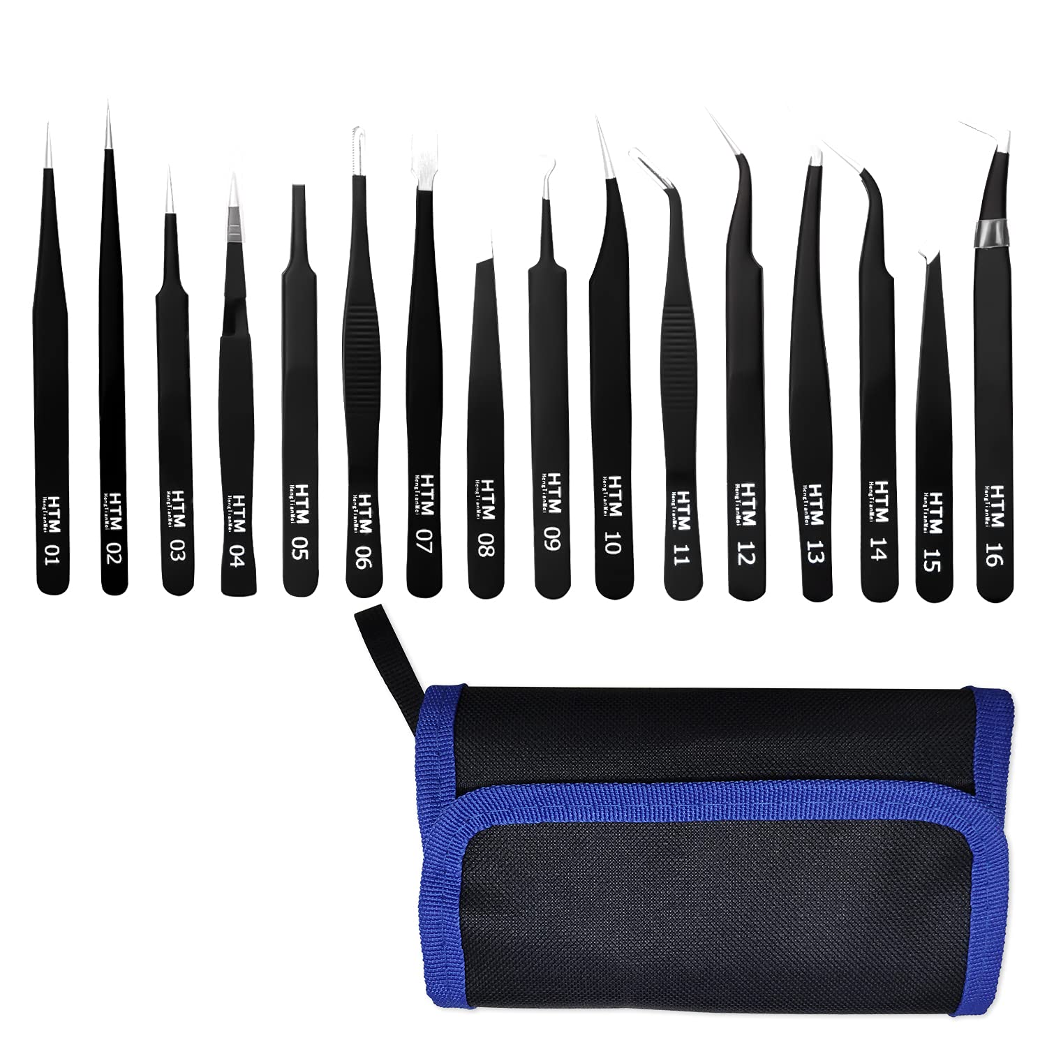 HengTianMei front view of full 16-piece tweezers set showing organized layout and benefits