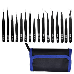 HengTianMei front view of full 16-piece tweezers set showing organized layout and benefits