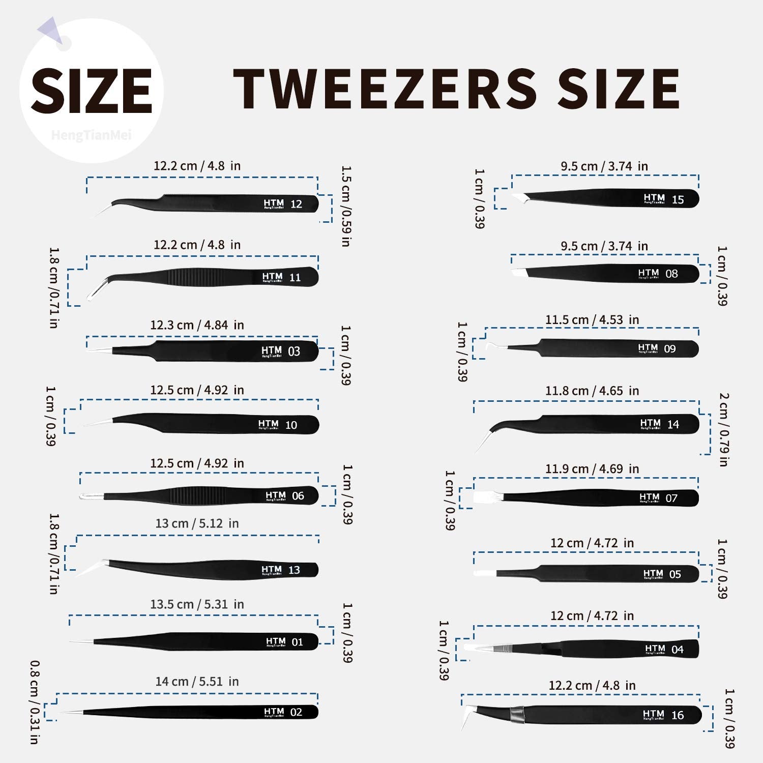 HengTianMei tweezers next to ruler showing scale and variety of tip sizes benefit