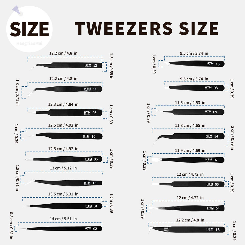 HengTianMei tweezers next to ruler showing scale and variety of tip sizes benefit
