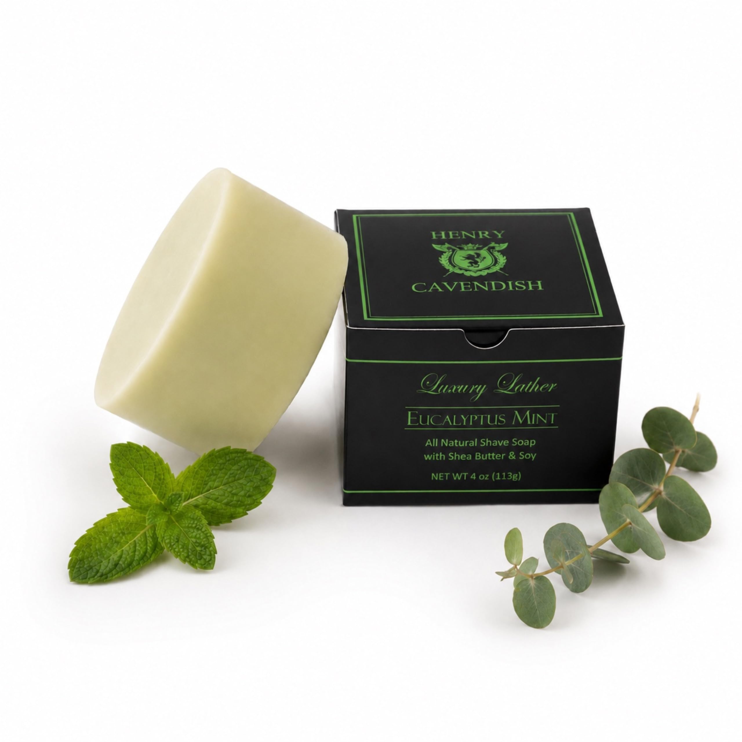Henry Cavendish eucalyptus mint puck front view shows compact packaging and premium finish