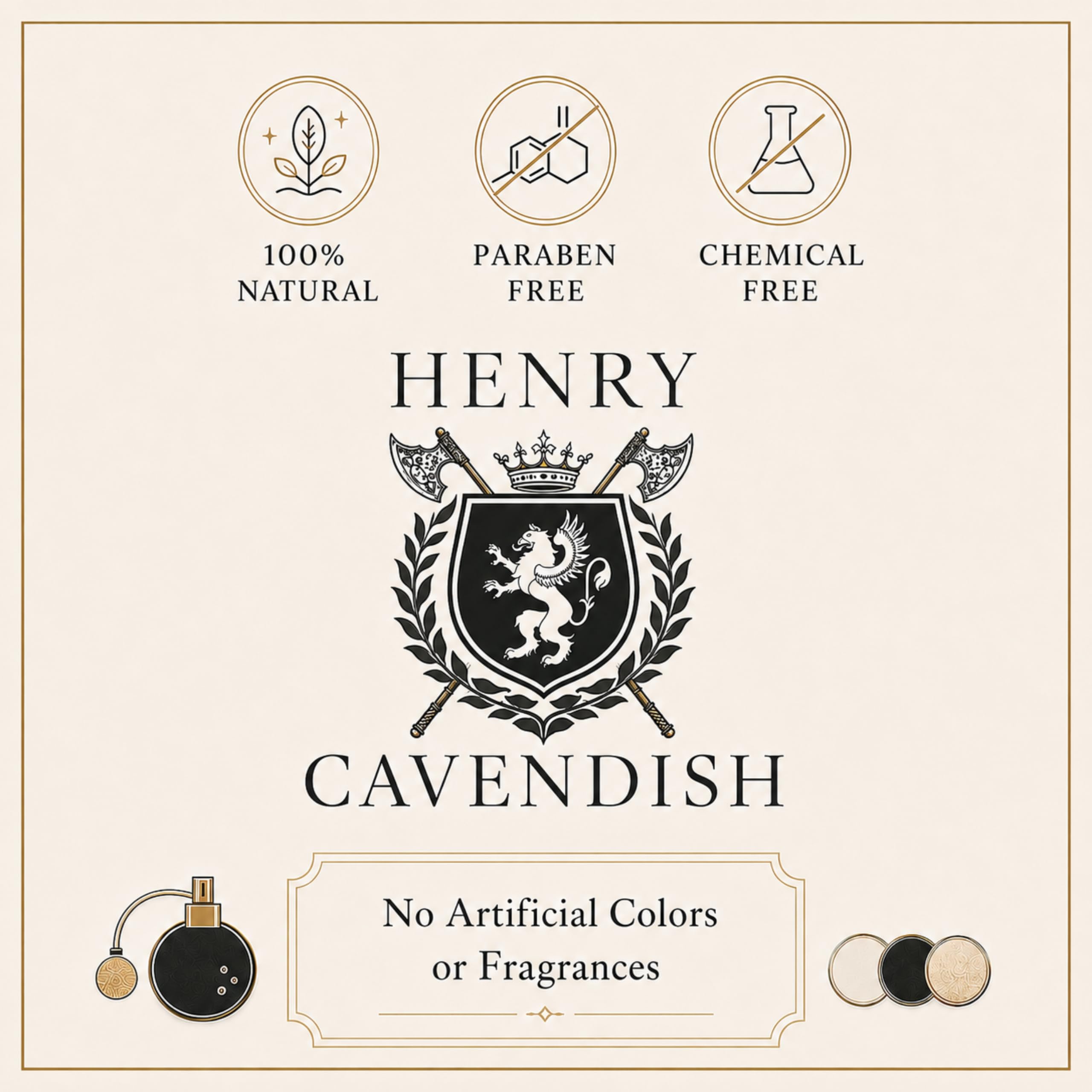 Henry Cavendish ingredient label close-up showing natural oils and shea butter benefit