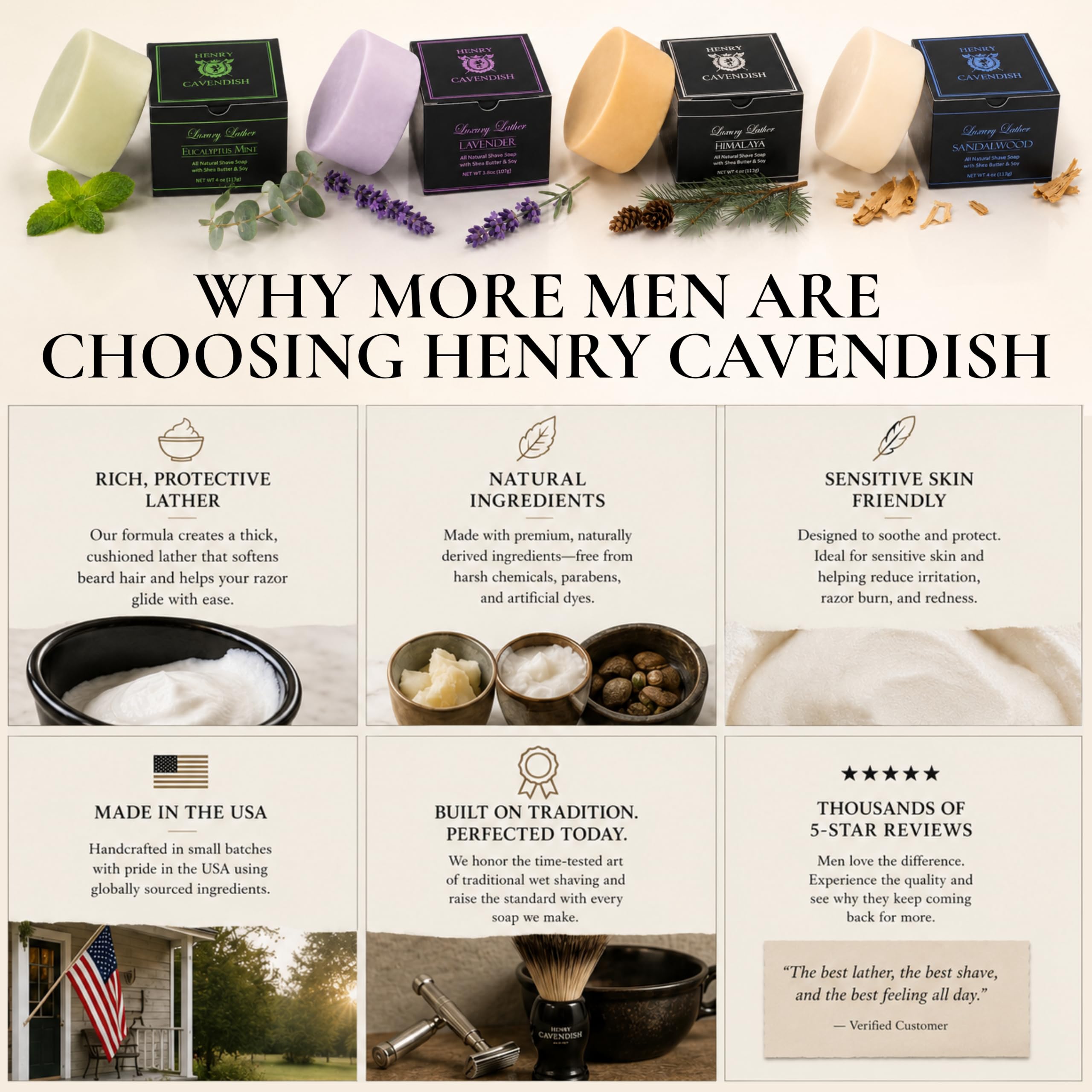 Henry Cavendish ingredient label close-up highlighting natural oils and shea butter