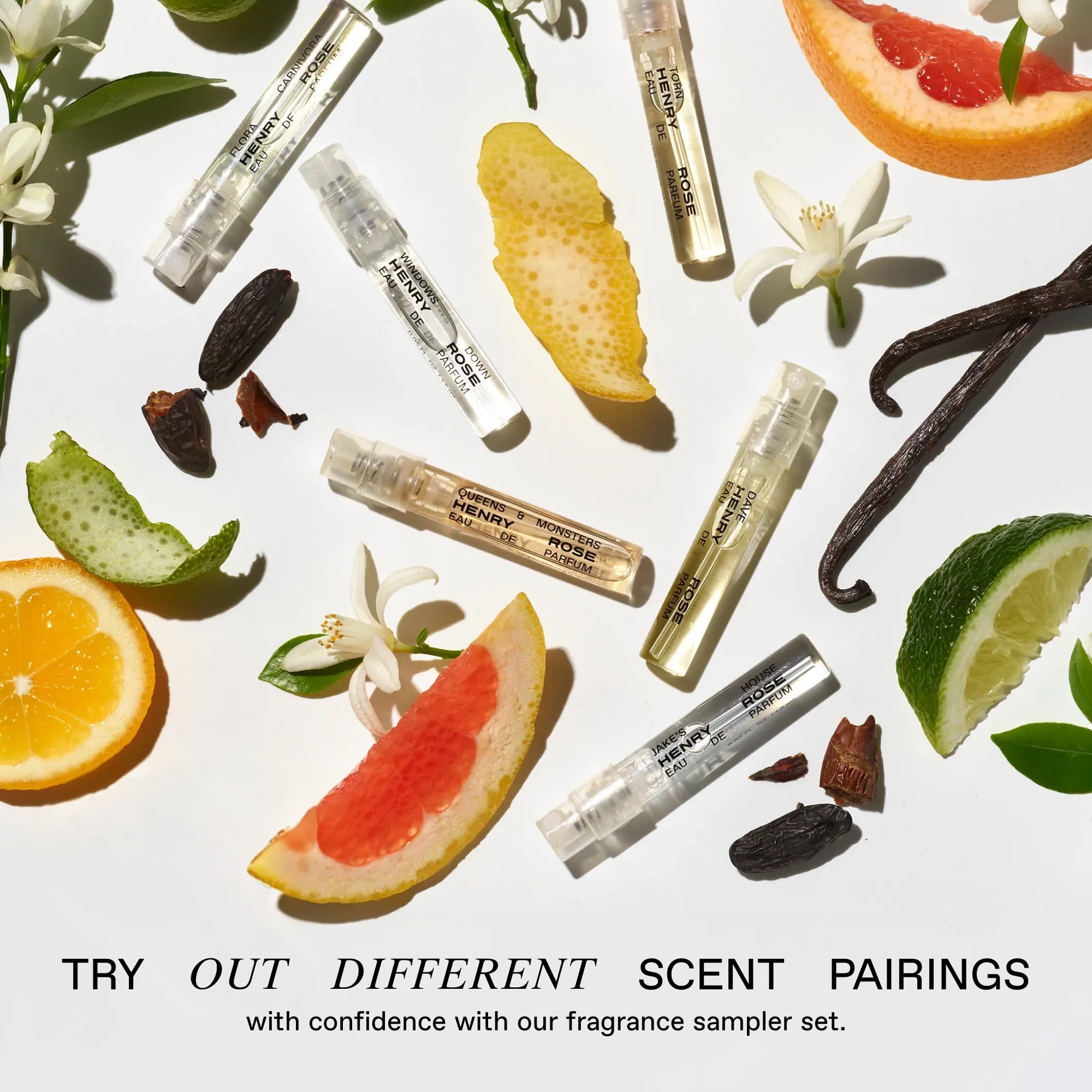 Henry Rose open box flatlay displaying travel-size perfume vials for gifting and sampling