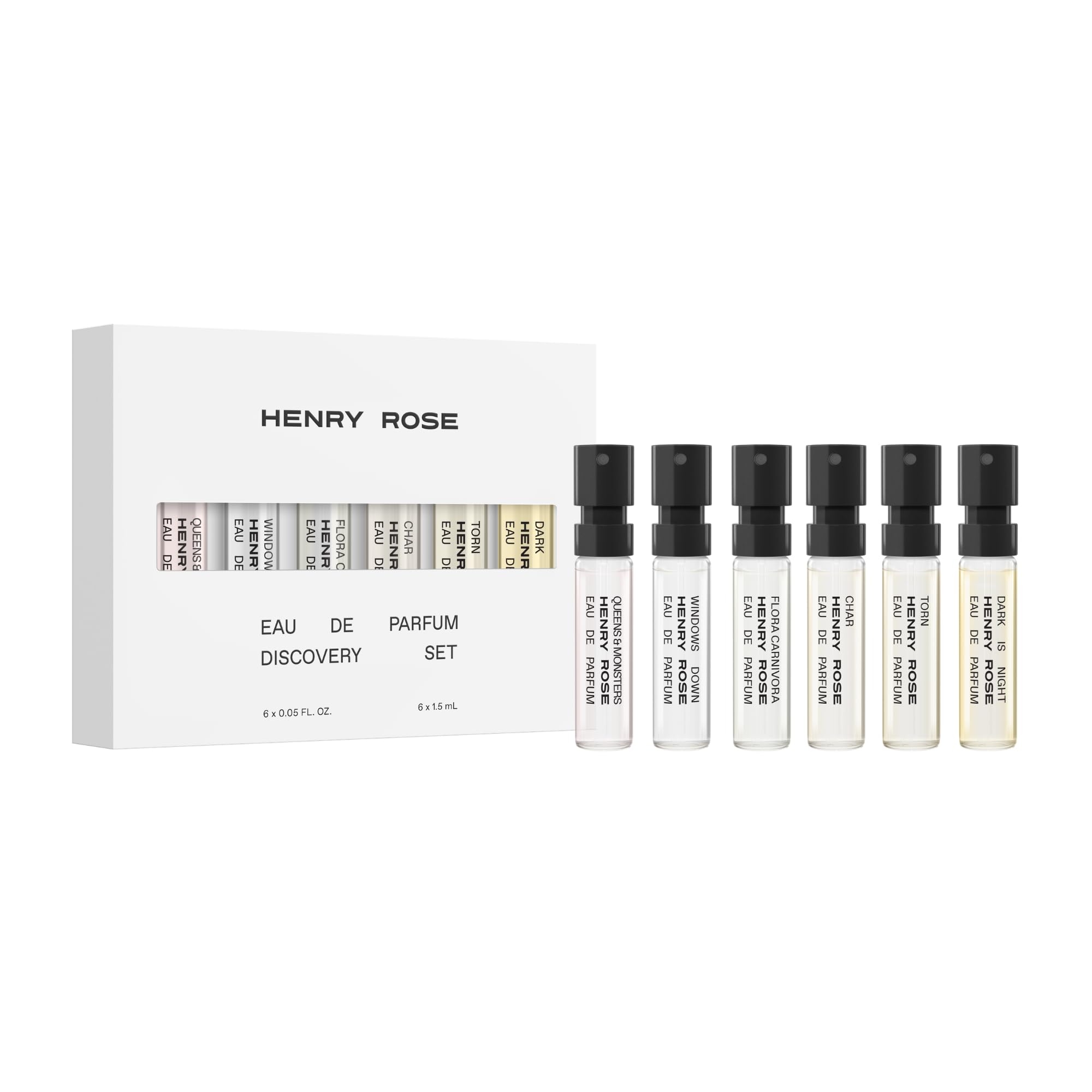 Henry Rose front packaging of warm collection set showing six mini bottles and gift box benefit convenient gifting
