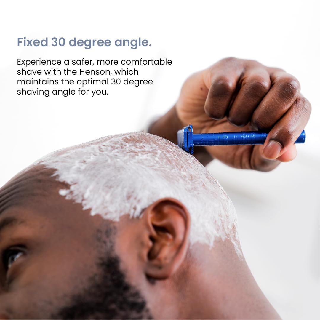 Henson Shaving close-up of angled head showing 30° geometry, improved cut precision