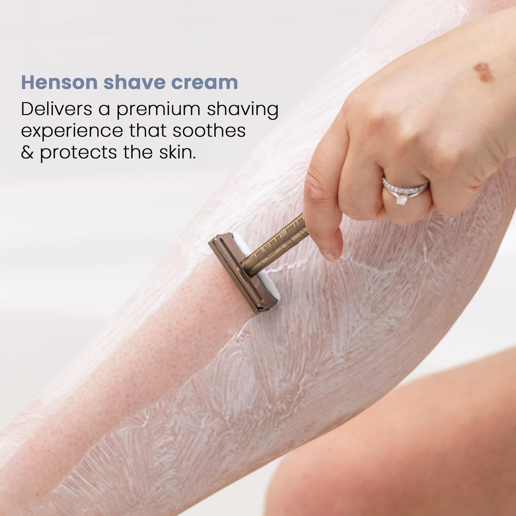 Henson Shaving bottle and cap detail, benefit: leak-resistant design for travel