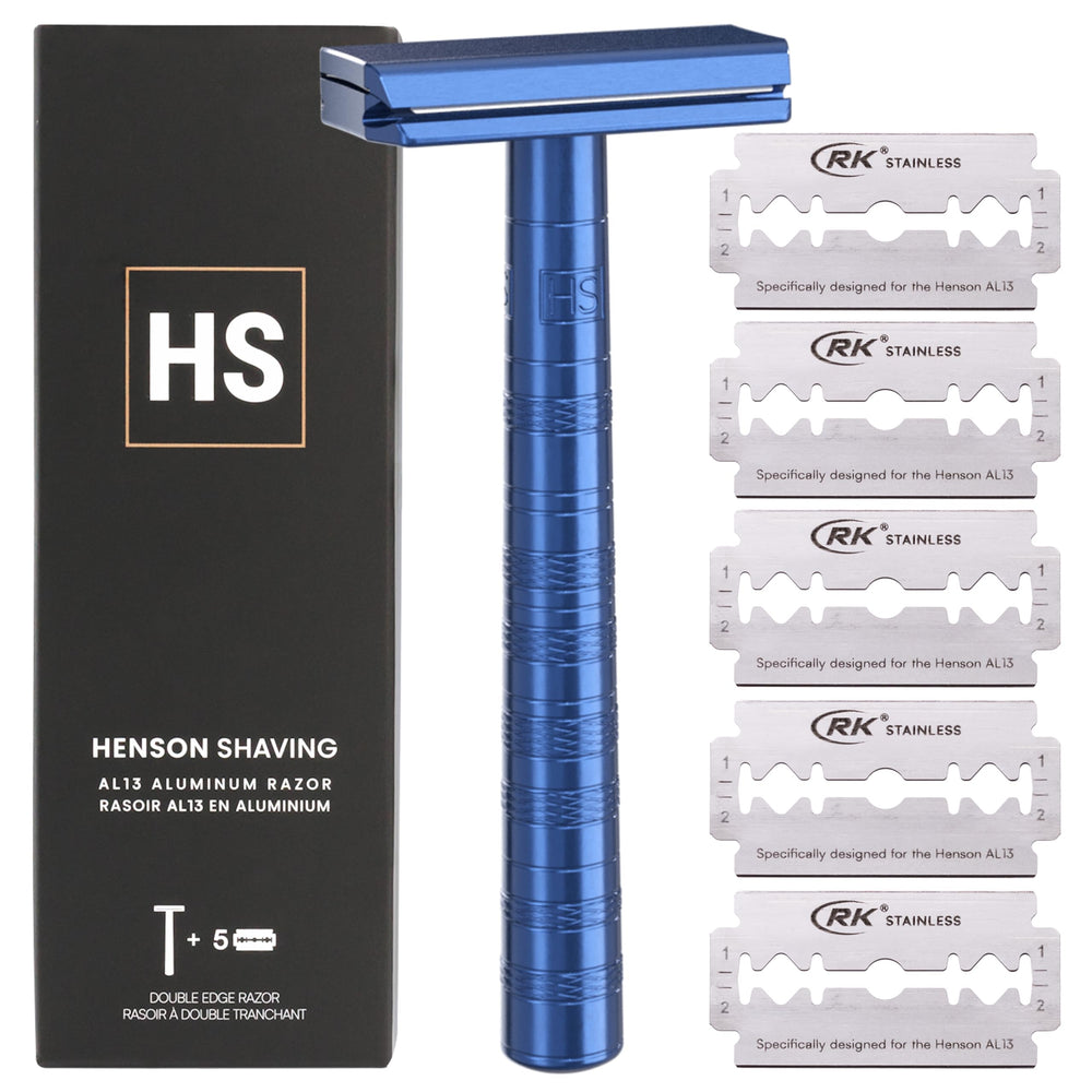 Henson Shaving steel blue front packaging showcasing razor and five spare blades, starter convenience