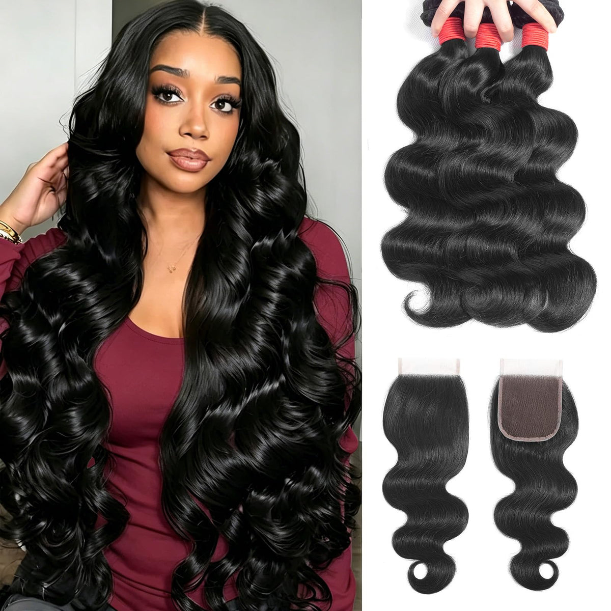 hensucess front view of body wave bundles and closure showing product packaging benefit of presentation