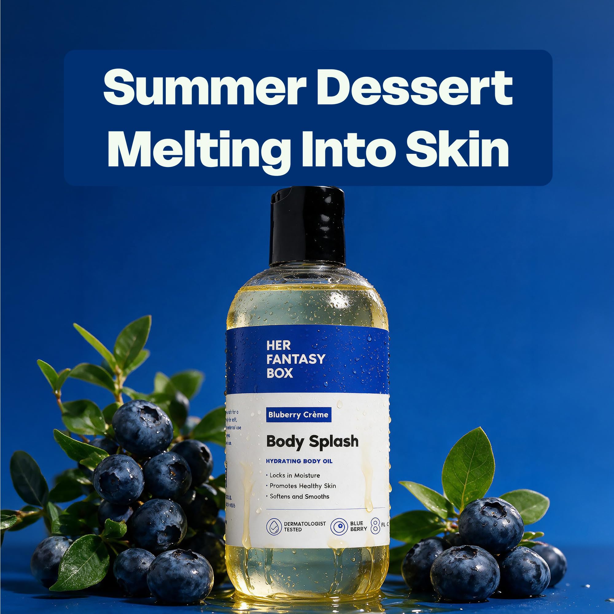 Her Fantasy Box bottle beside fresh blueberries showing fruity creamy aroma benefit