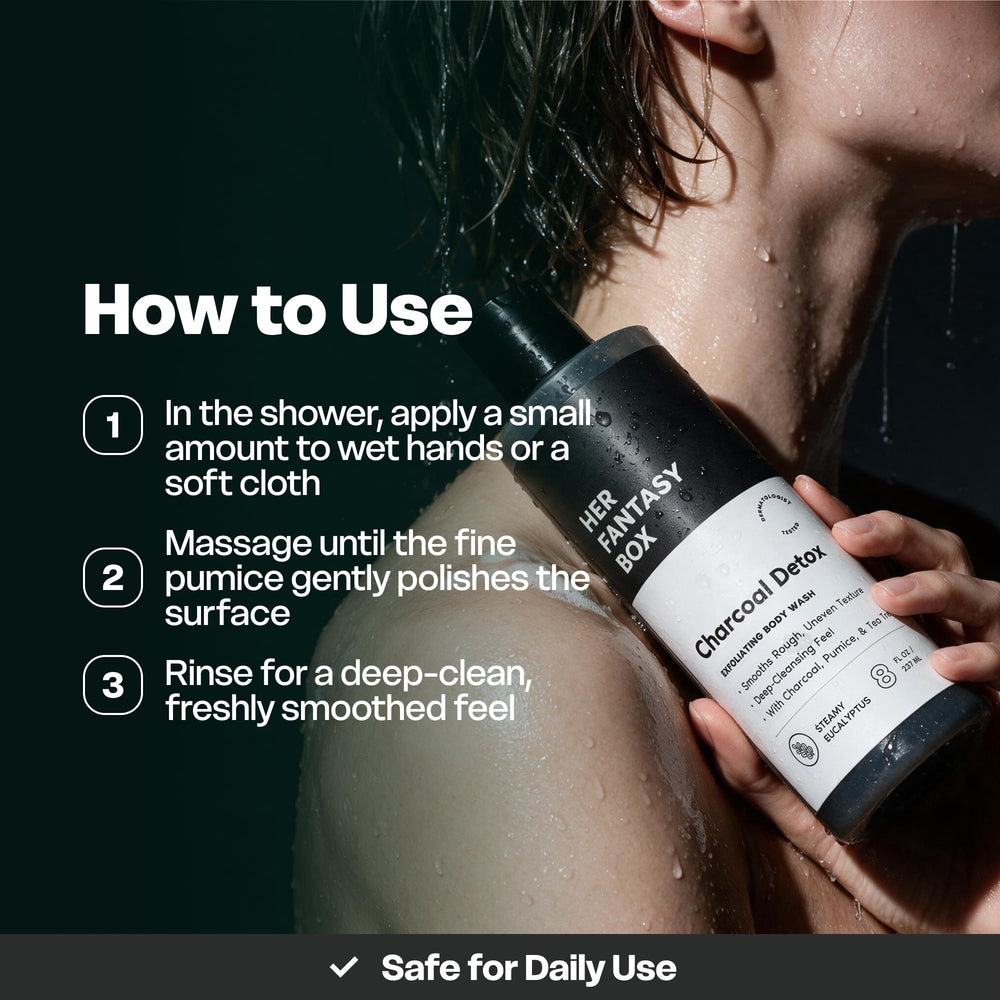 Her Fantasy Box activated charcoal detail showing dark pigment benefit: detoxifying visual cue