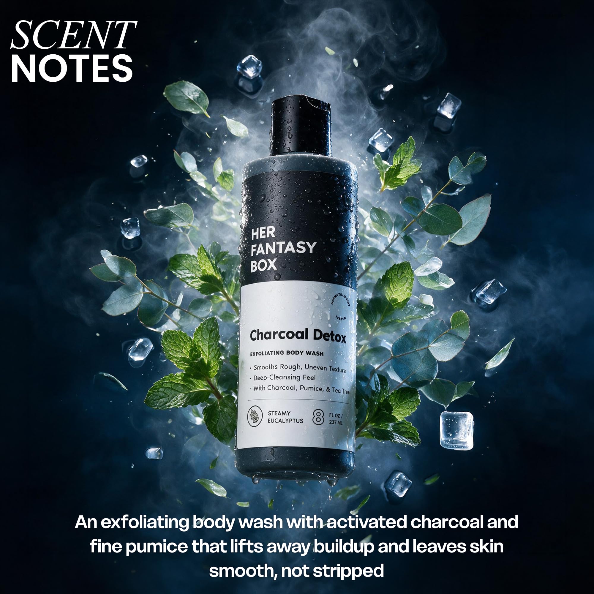 Her Fantasy Box in-shower use showing lather on skin benefit: effective cleansing