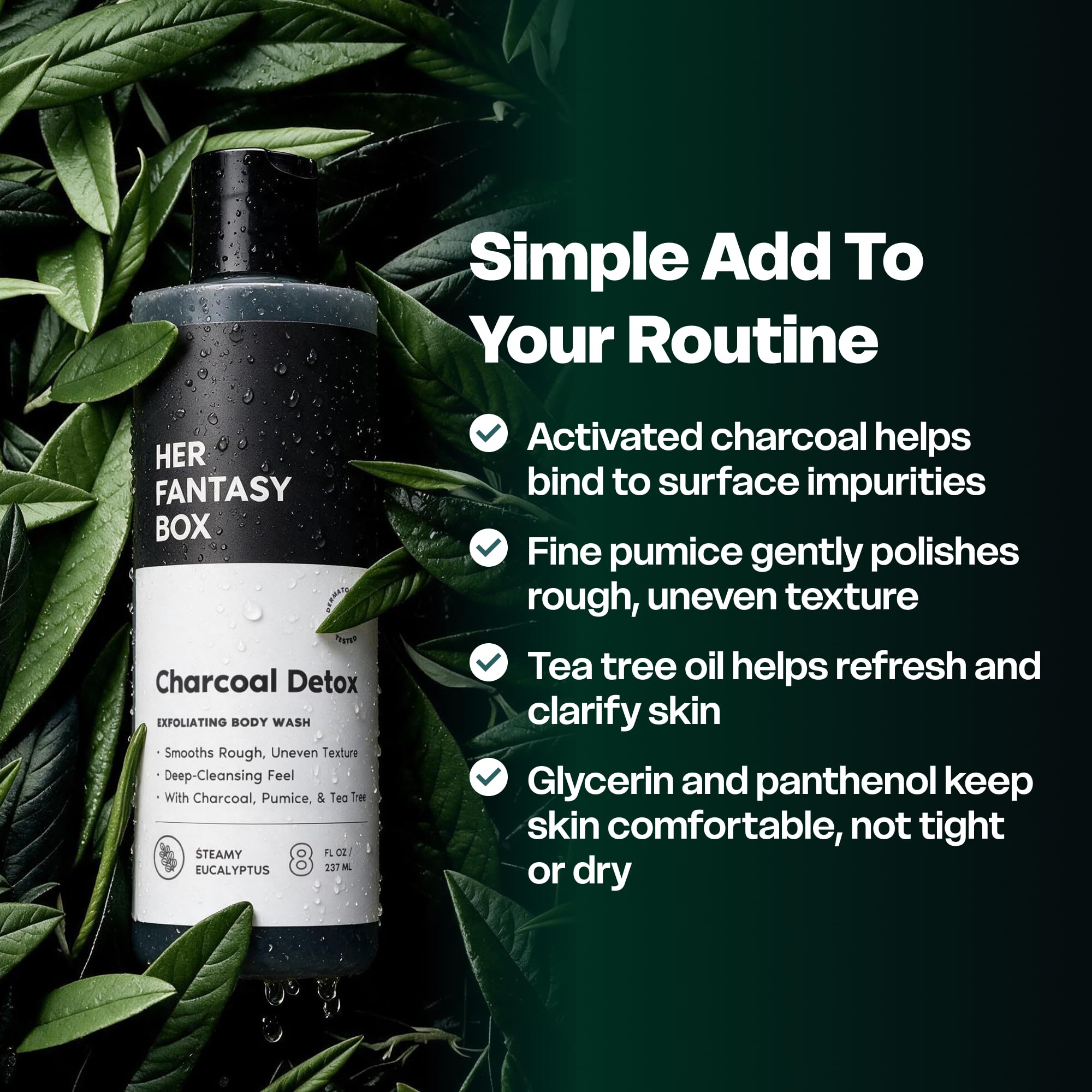 Her Fantasy Box pouring gel texture highlighting pumice for gentle exfoliation benefit: visible grain