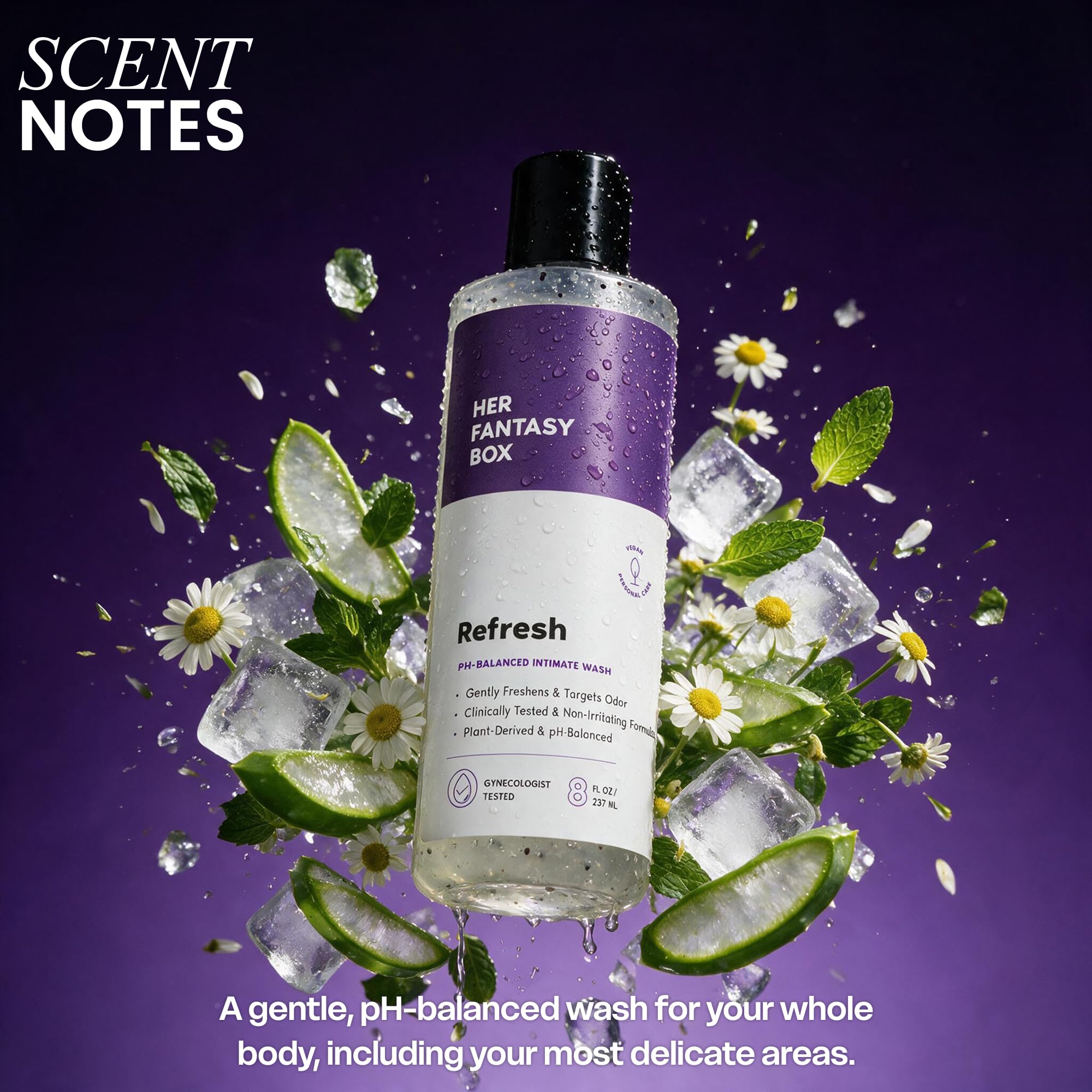 Her Fantasy Box bottle staged in a shower showing daily-use convenience benefit