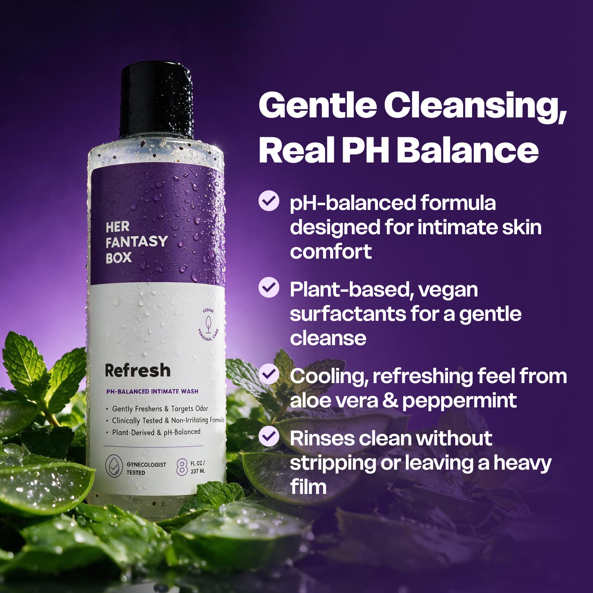 Her Fantasy Box label close-up highlighting pH-balanced formulation benefit