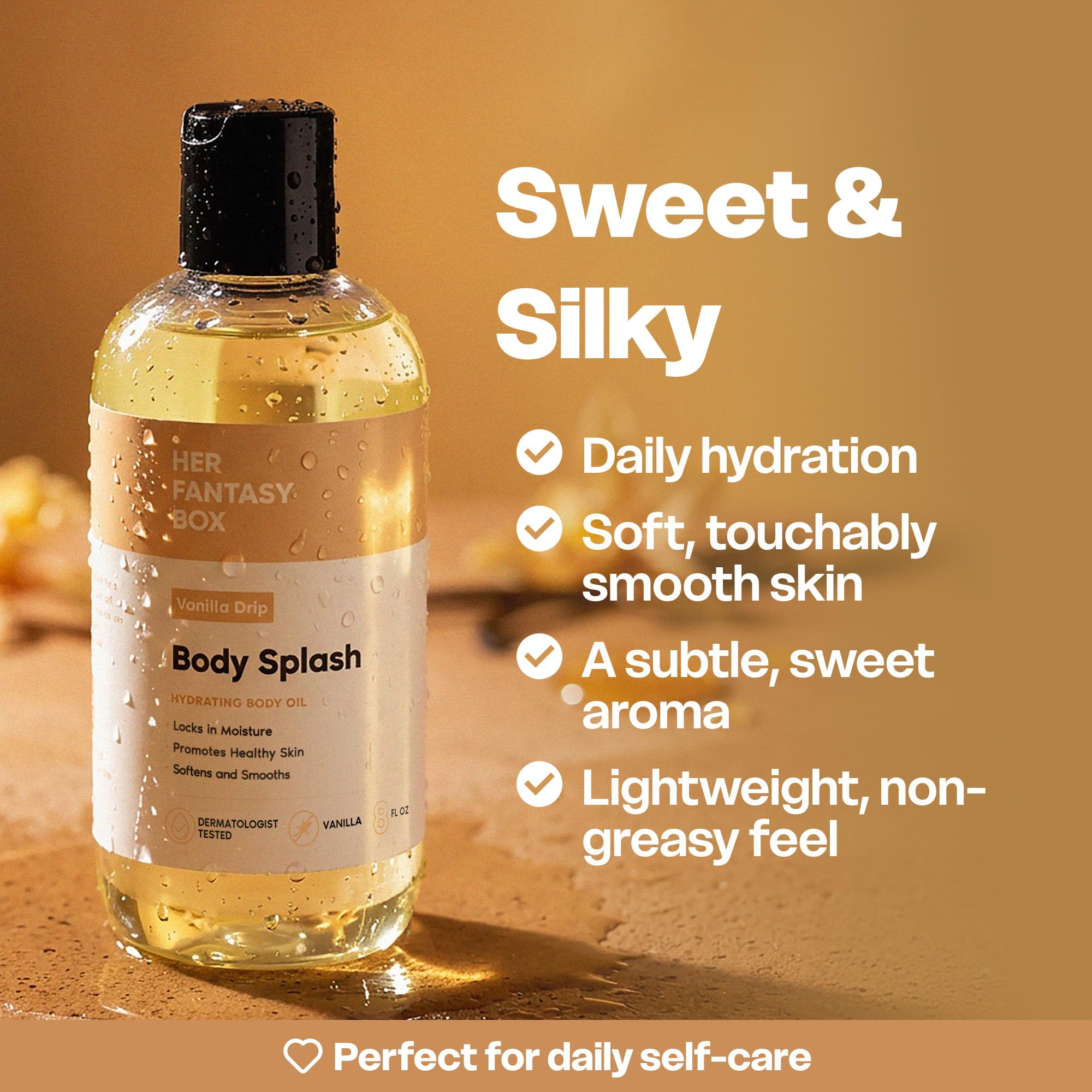 Her Fantasy Box close-up oil drop highlighting smooth texture benefit