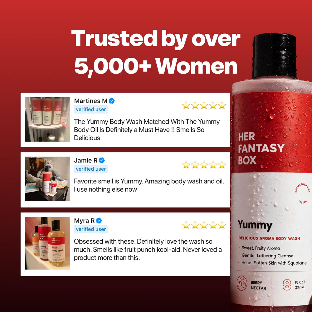 Her Fantasy Box on bathroom shelf lifestyle scene promoting relaxing shower ritual benefit